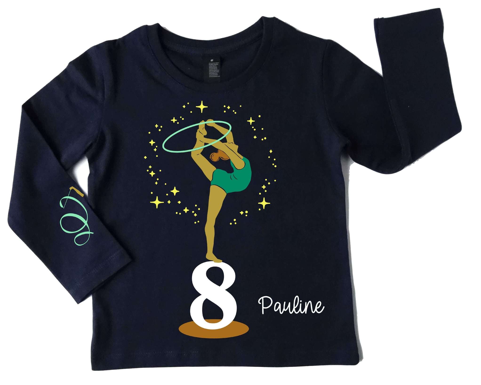 Kinder Geburtstagsshirt in french navi und langen Ärmeln, bedruckt mit Turnerin in Pose, mit Name und Zahl