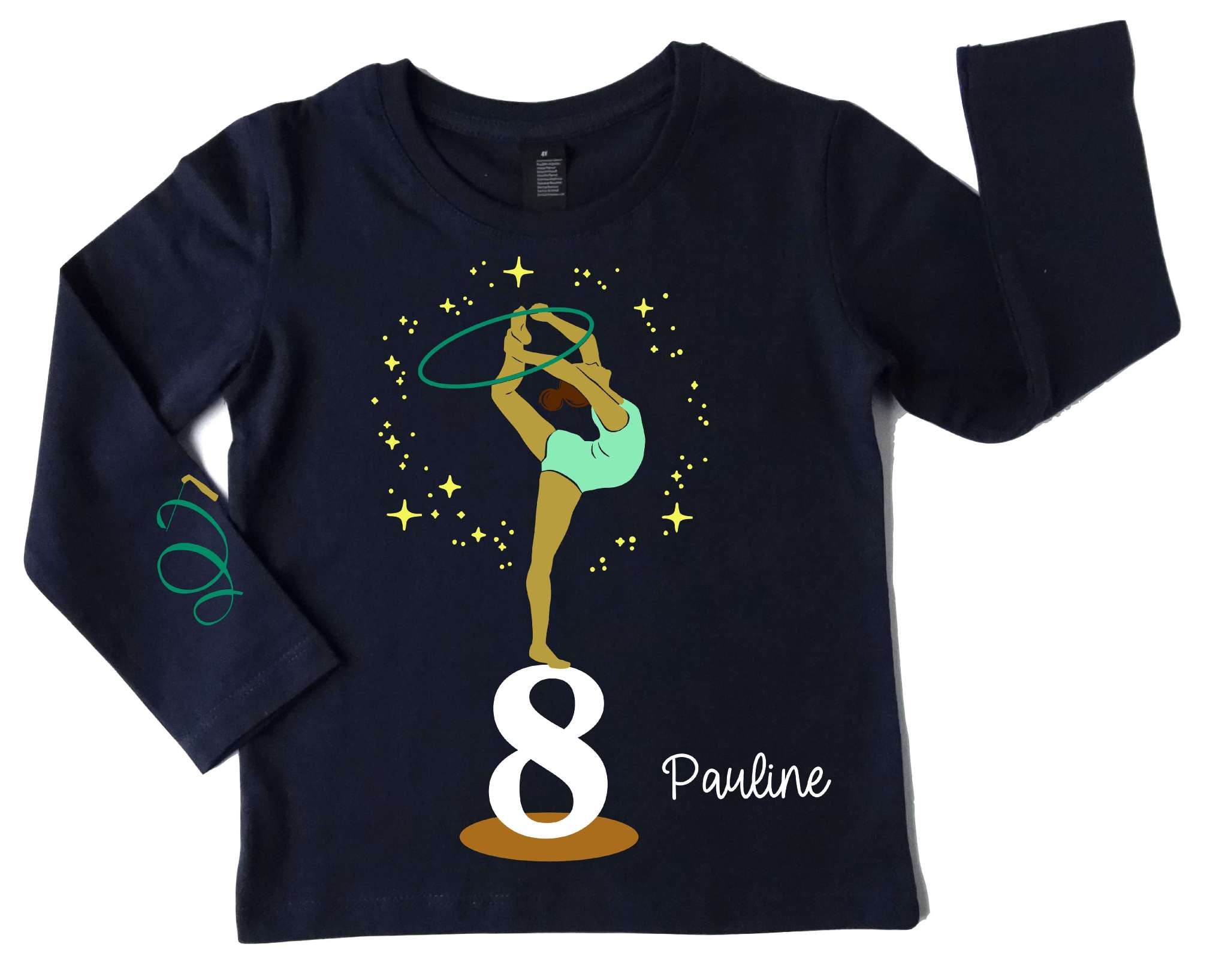 Farbauswahl Kinder Gburtstagsshirt in french navi und langen Ärmeln, bedruckt mit Turnerin in Pose, mit Name und Zahl