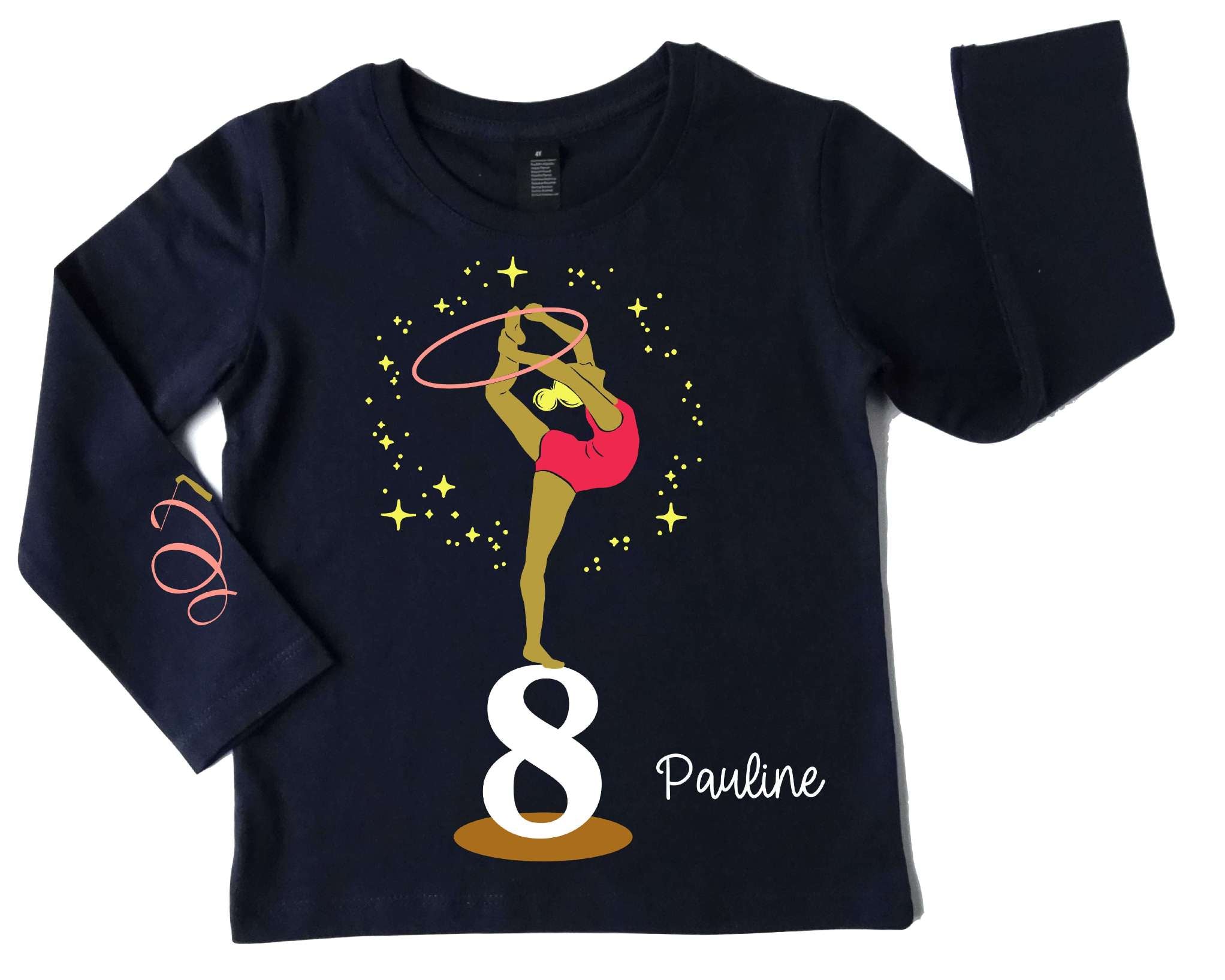 Kinder Geburtstagsshirt in french navi und langen Ärmeln, bedruckt mit Turnerin in pinkem Body, mit Name und Zahl