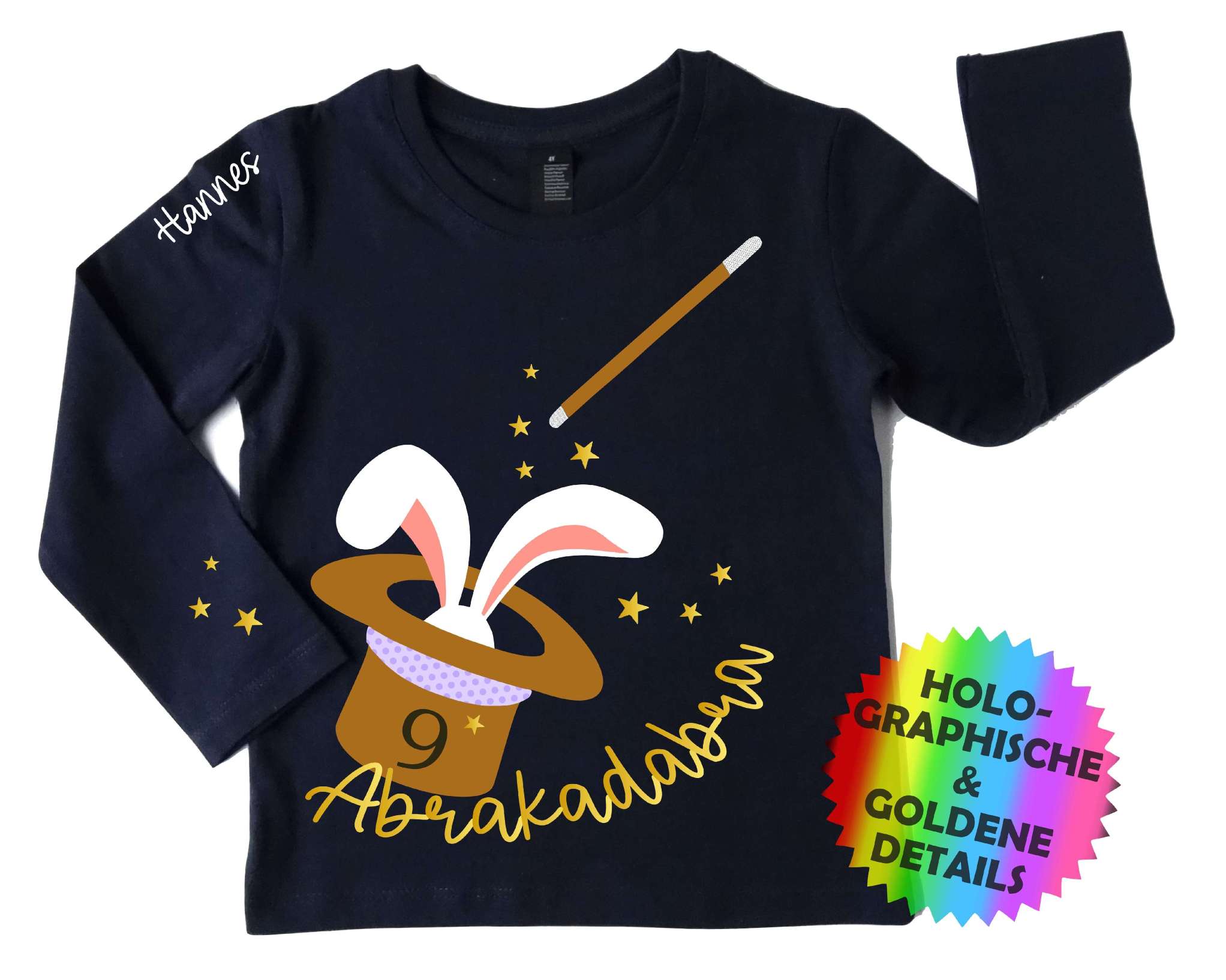 navi Geburtstagsshirt für Kinder, Zaubershow, mit Hut & Hase bedruckt und magischem holographischem Effekt