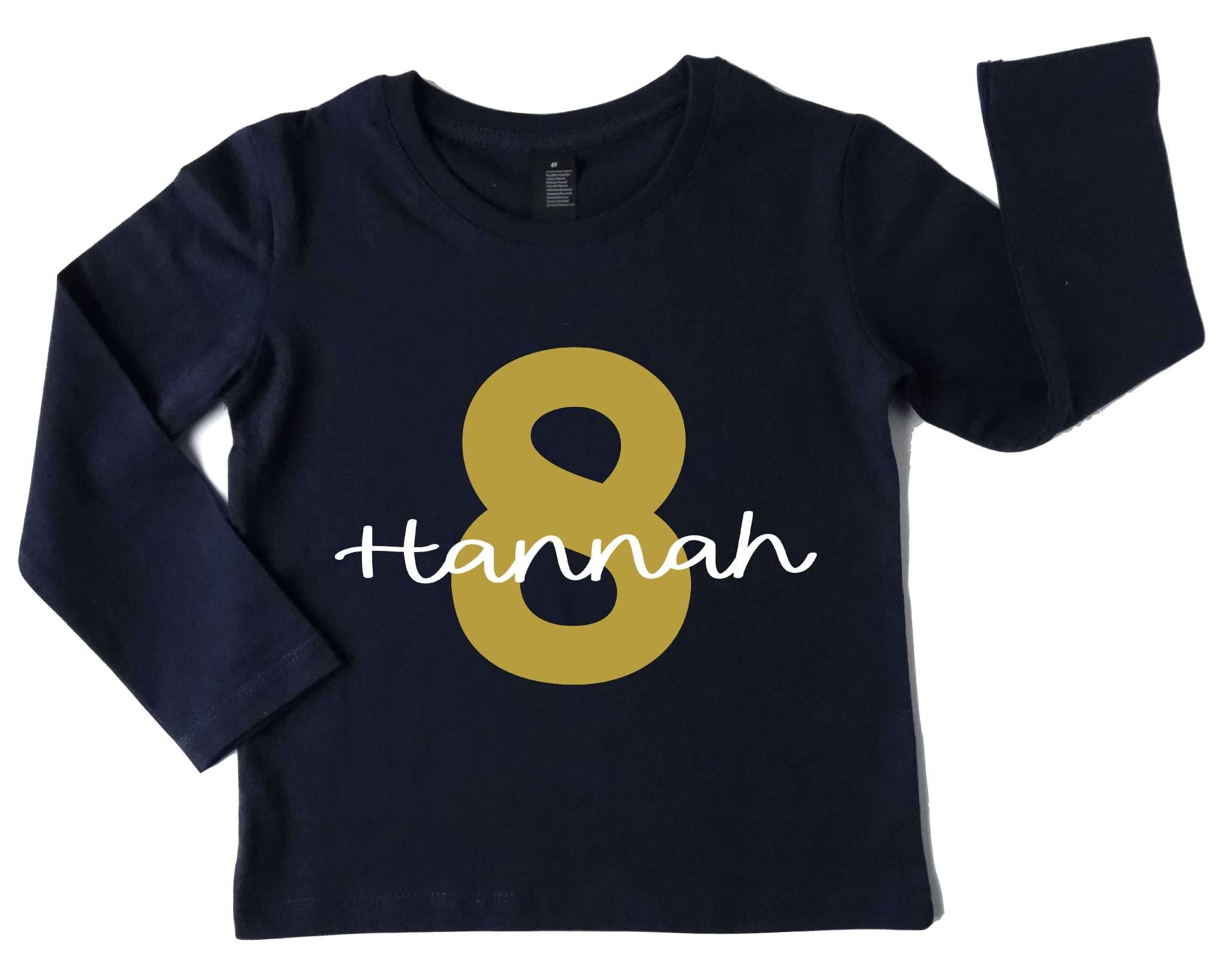 navi Langarmshirt für Kinder Geburtstag mit großer goldener Ziffer und Name und Handlettering Schrift weiß personalisierbar