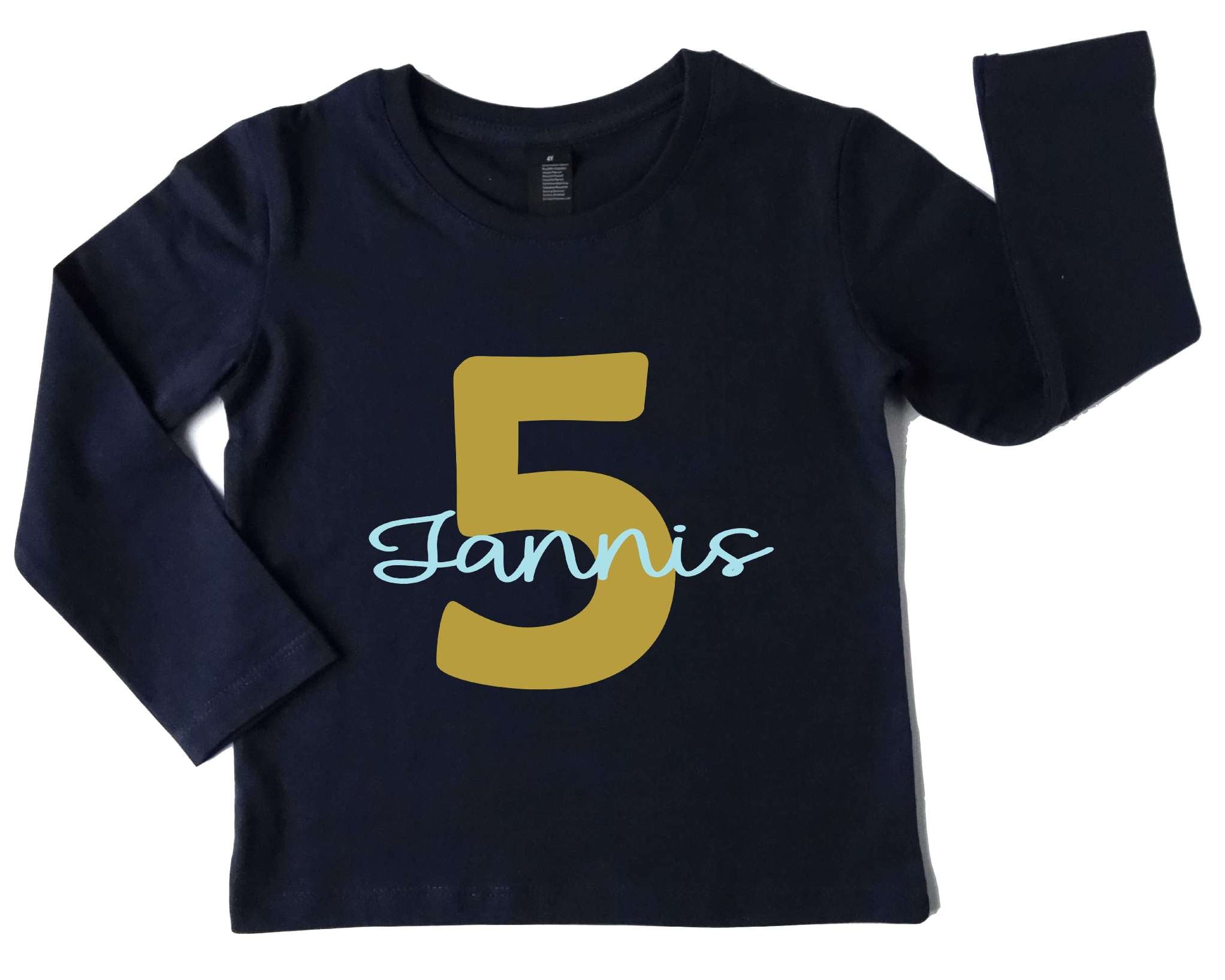 navi Langarmshirt für Kinder Geburtstag mit großer goldener Ziffer und Name und Handlettering Schrift mint personalisierbar