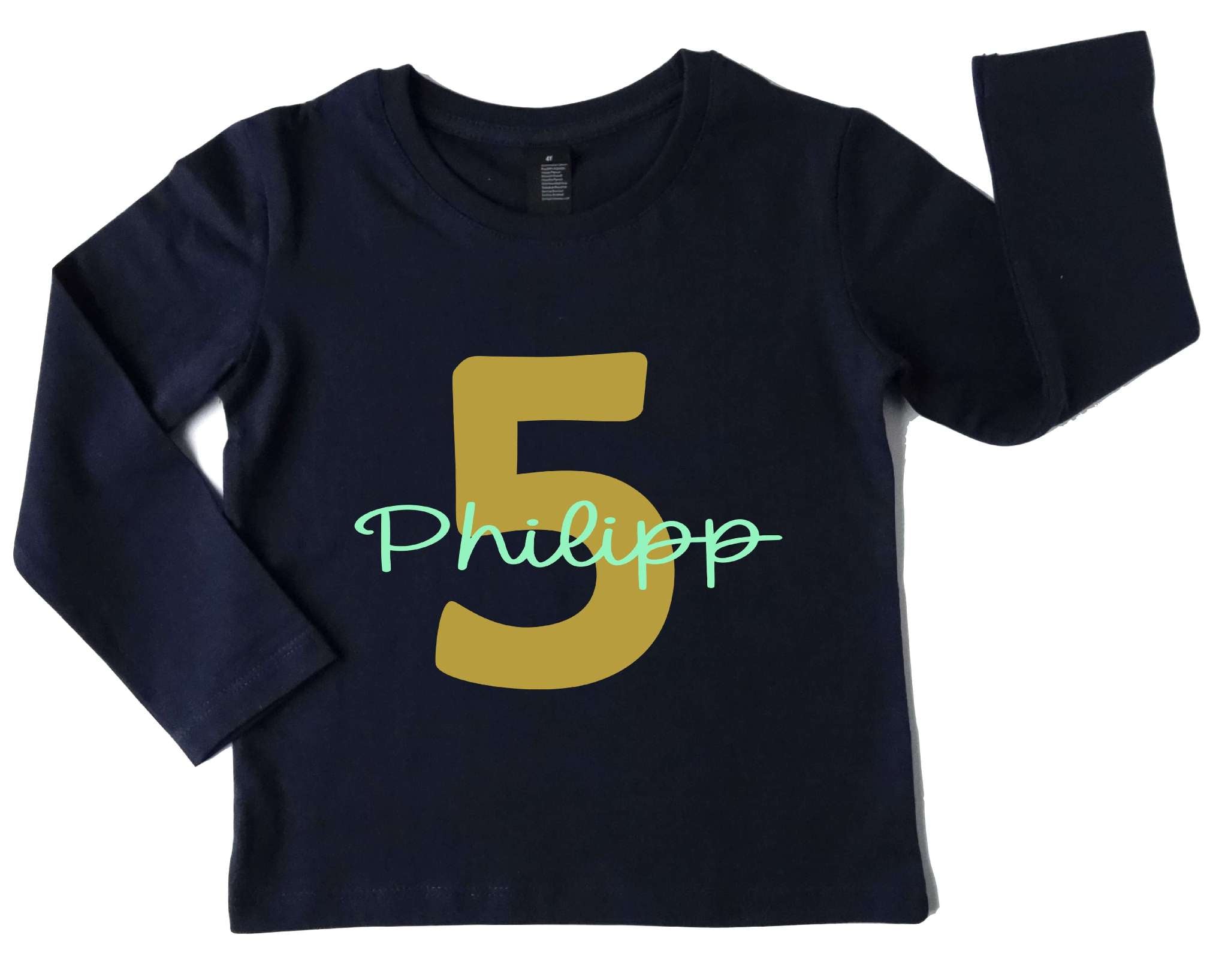 navi Langarmshirt für Kinder Geburtstag mit großer goldener Ziffer und Name und Handlettering Schrift hellblau personalisierbar