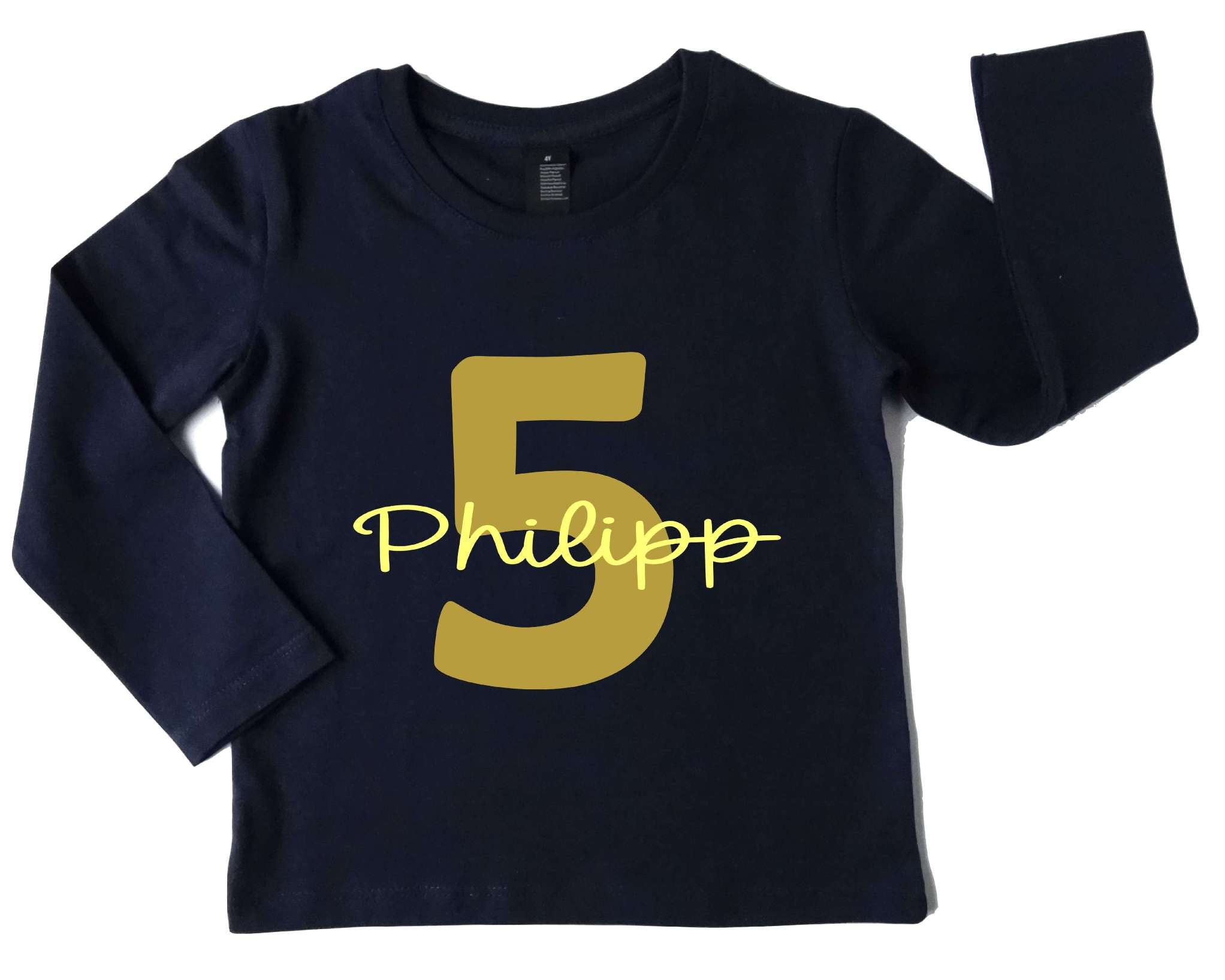 navi Langarmshirt für Kinder Geburtstag mit großer goldener Ziffer und Name und Handlettering Schrift beige personalisierbar