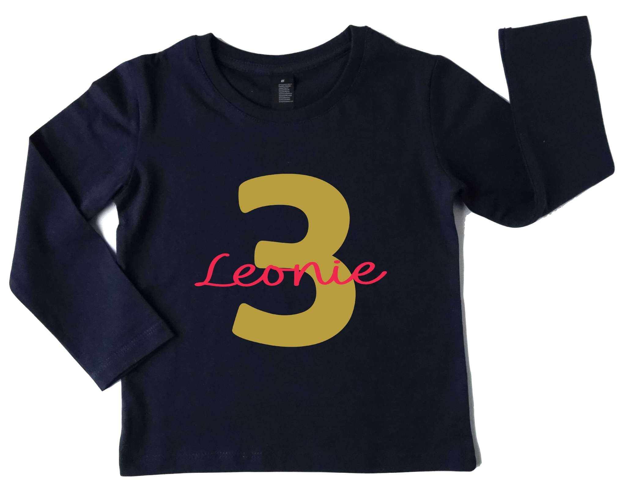 navi Langarmshirt für Kinder Geburtstag mit großer goldener Ziffer und Name und Handlettering Schrift pink personalisierbar