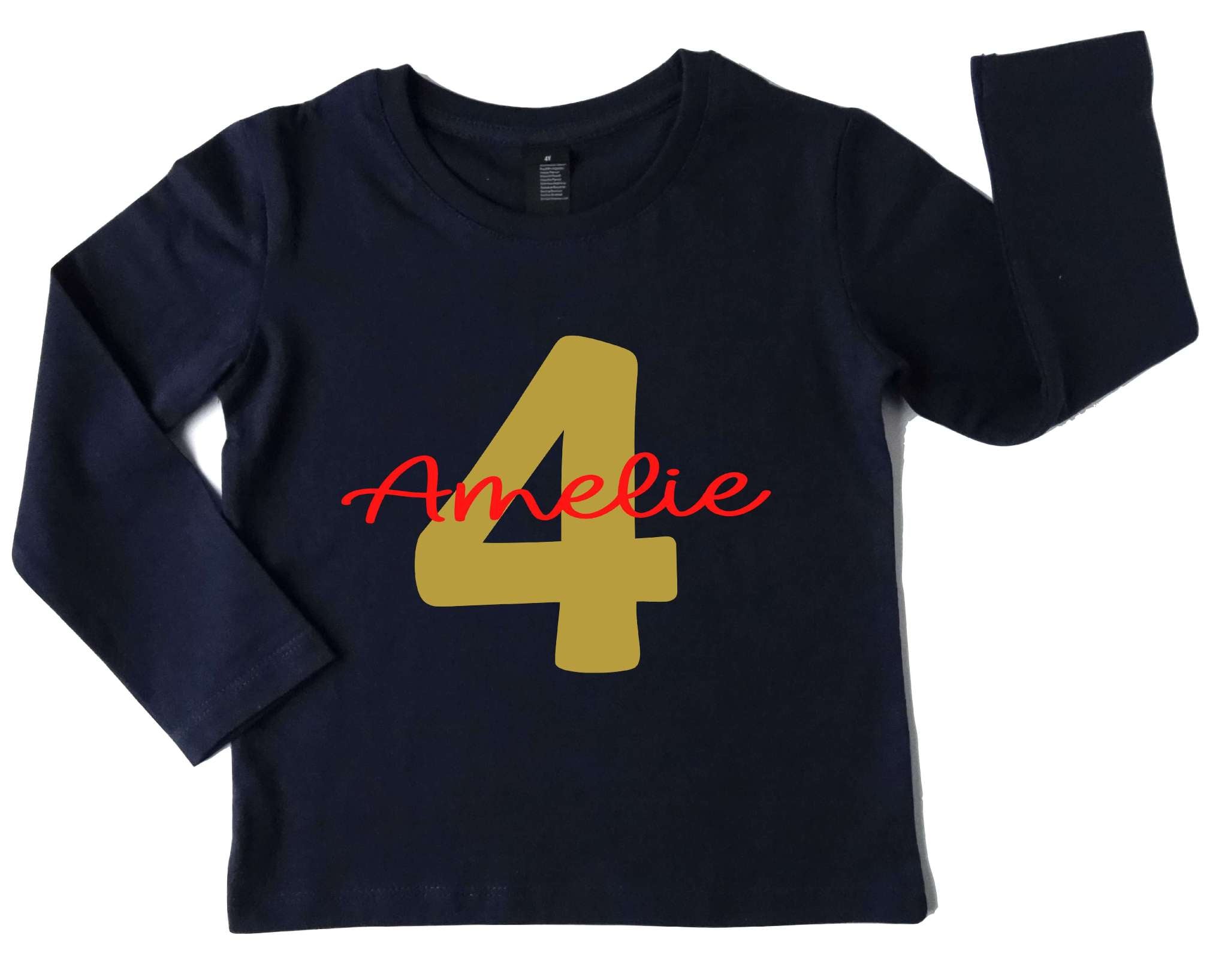 navi Langarmshirt für Kinder Geburtstag mit großer goldener Ziffer und Name und Handlettering Schrift rot personalisierbar