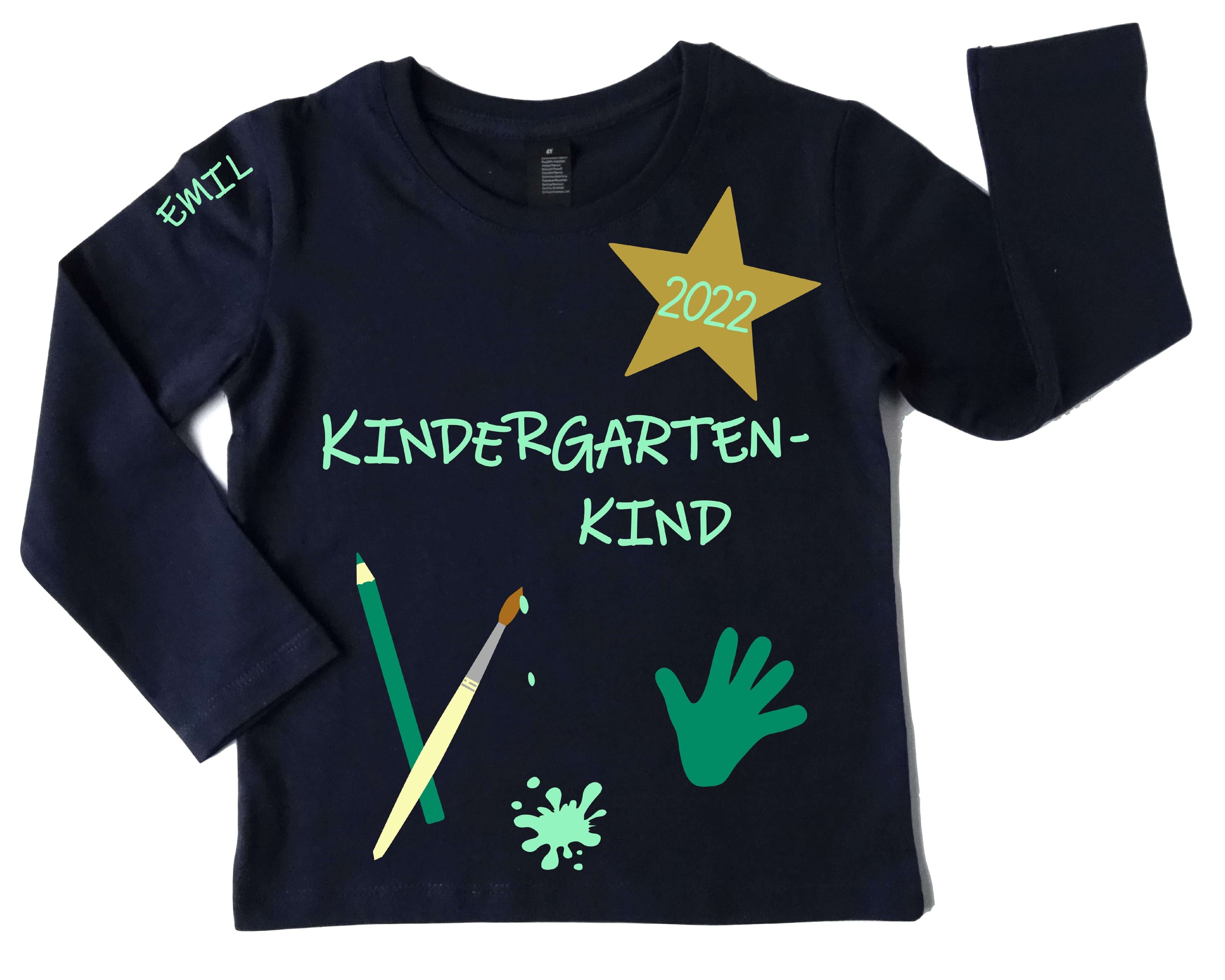 navi Kindergartenshirt mit 
Name und Jahreszahl, mint farbener Aufdruck mit schimmerndem gold