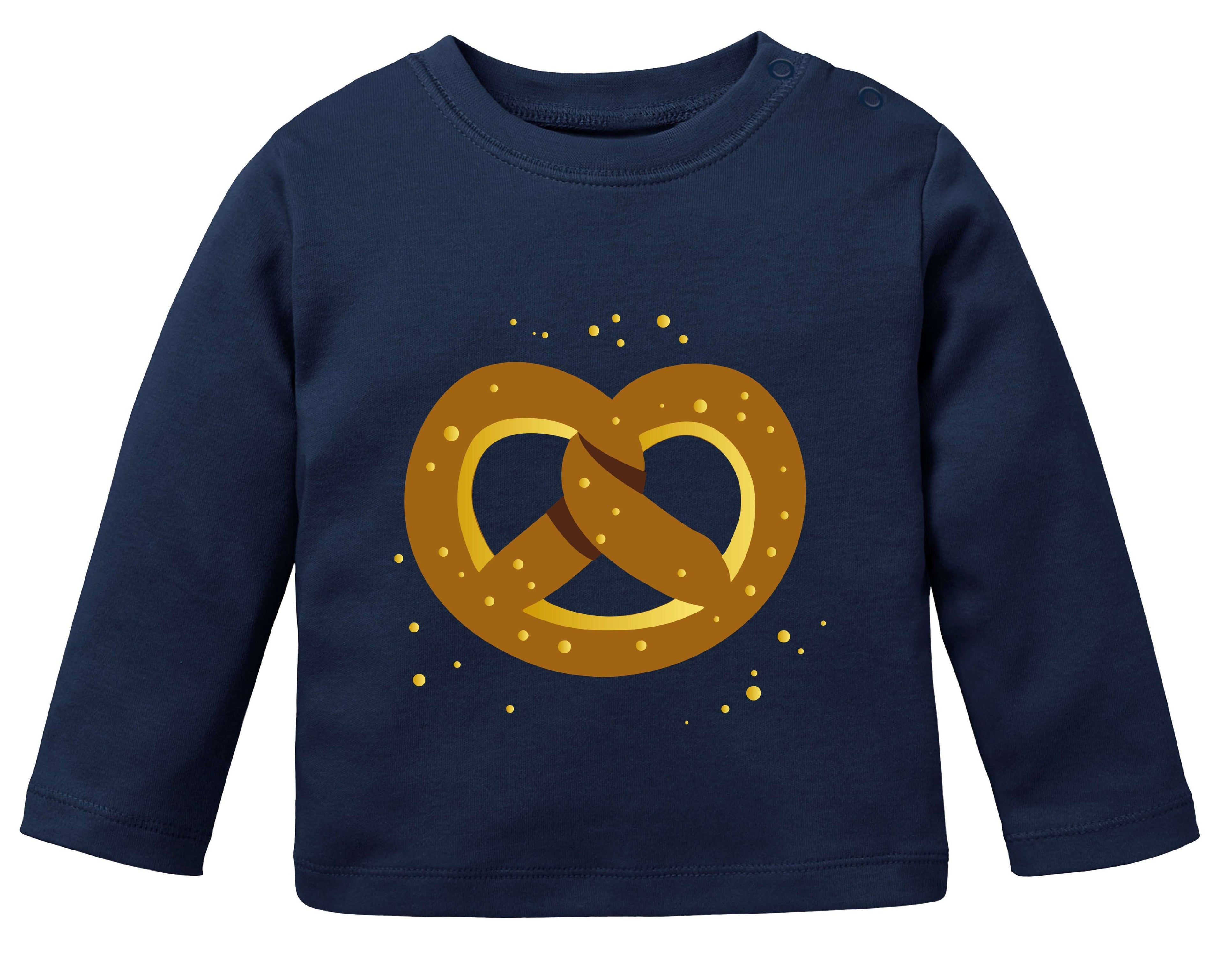 navi farbenes Babyshirt mit Schulterknöpfen, bedruckt mit bayrischer Brezel und gold Tupfen