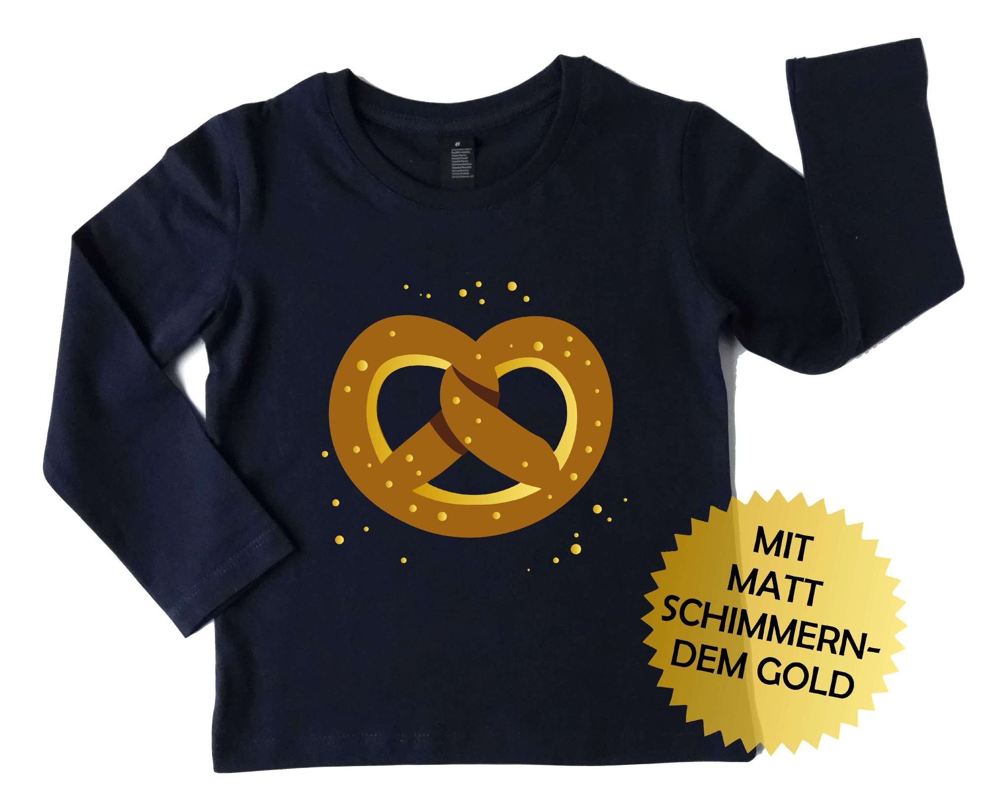navi Langarmshirt für Babys und Kinder mit Brezel Oktoberfest, mit gold metallic Effekt