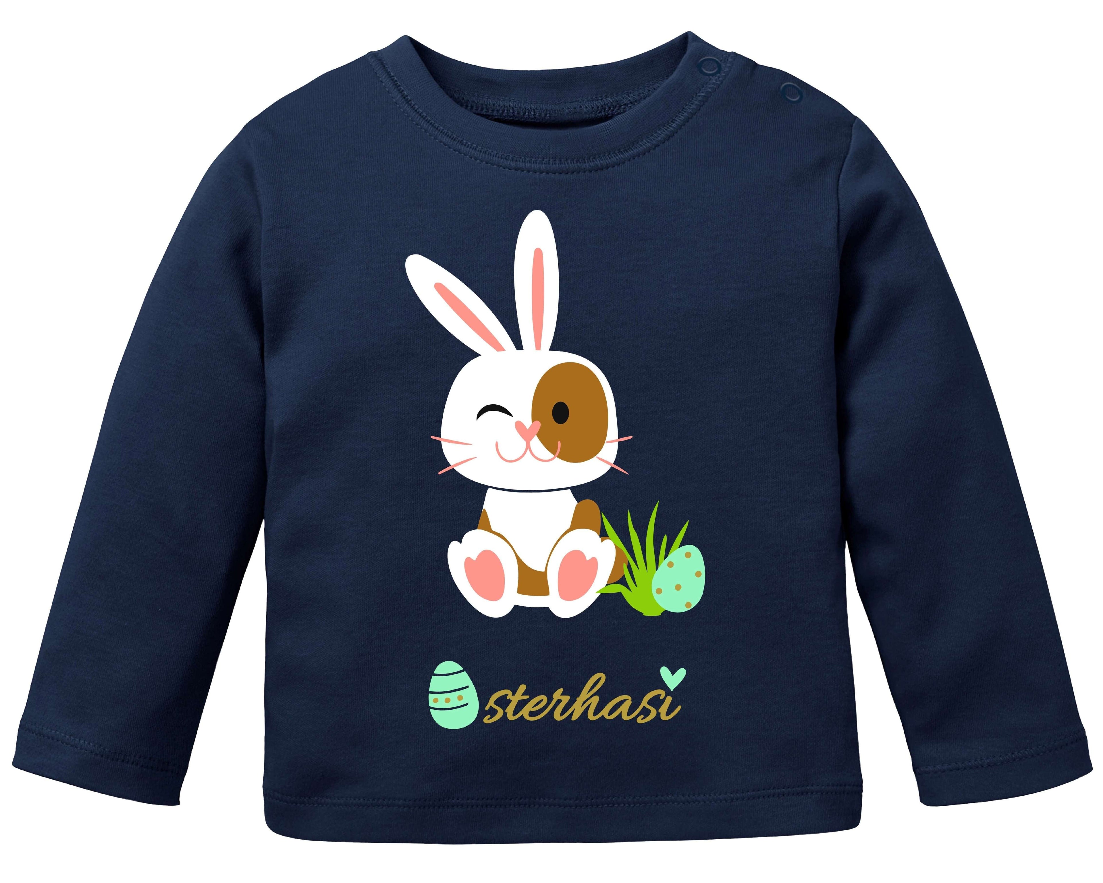 dunkelblaues Baby-Shirt mit süßem Osterhase Osterhasi in weiß, mit Name und Druckknöpfen an der Schulter und schimmerndem gold