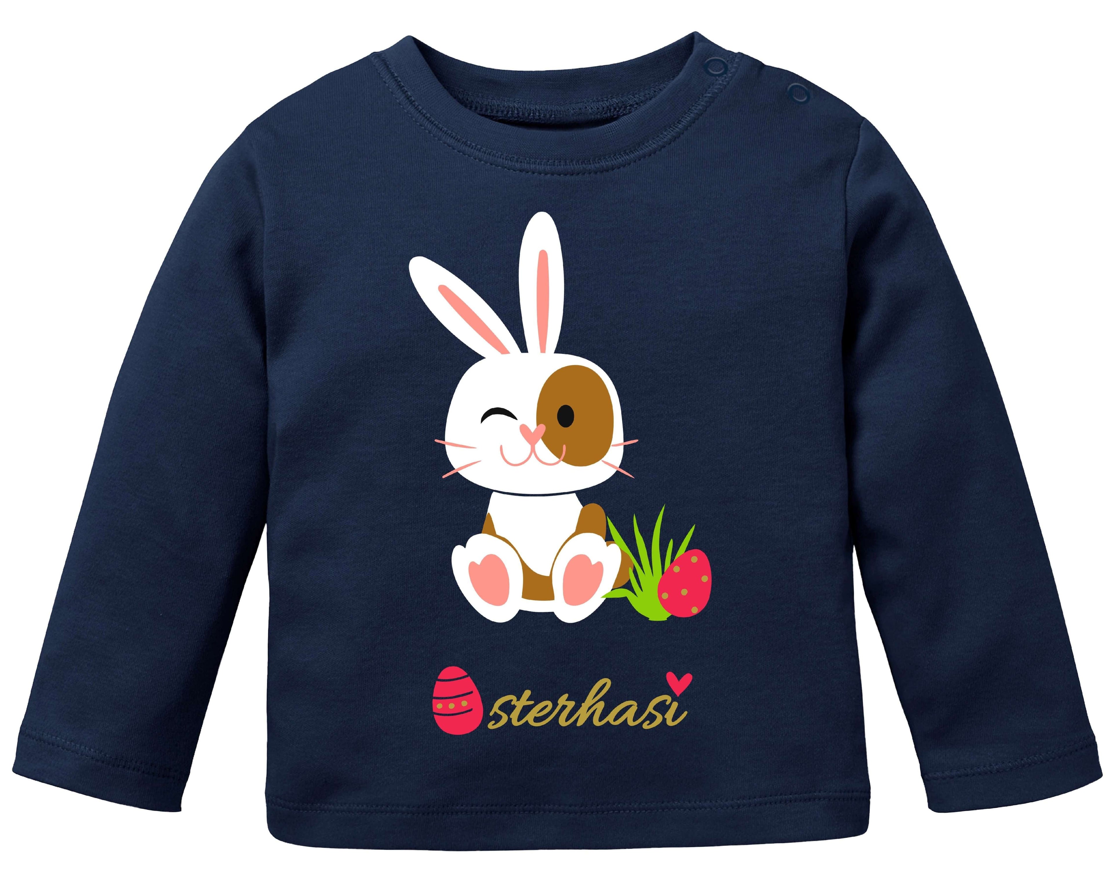 dunkelblaues Baby-Shirt mit süßem Osterhase in weiß, mit Name und Druckknöpfen an der Schulter