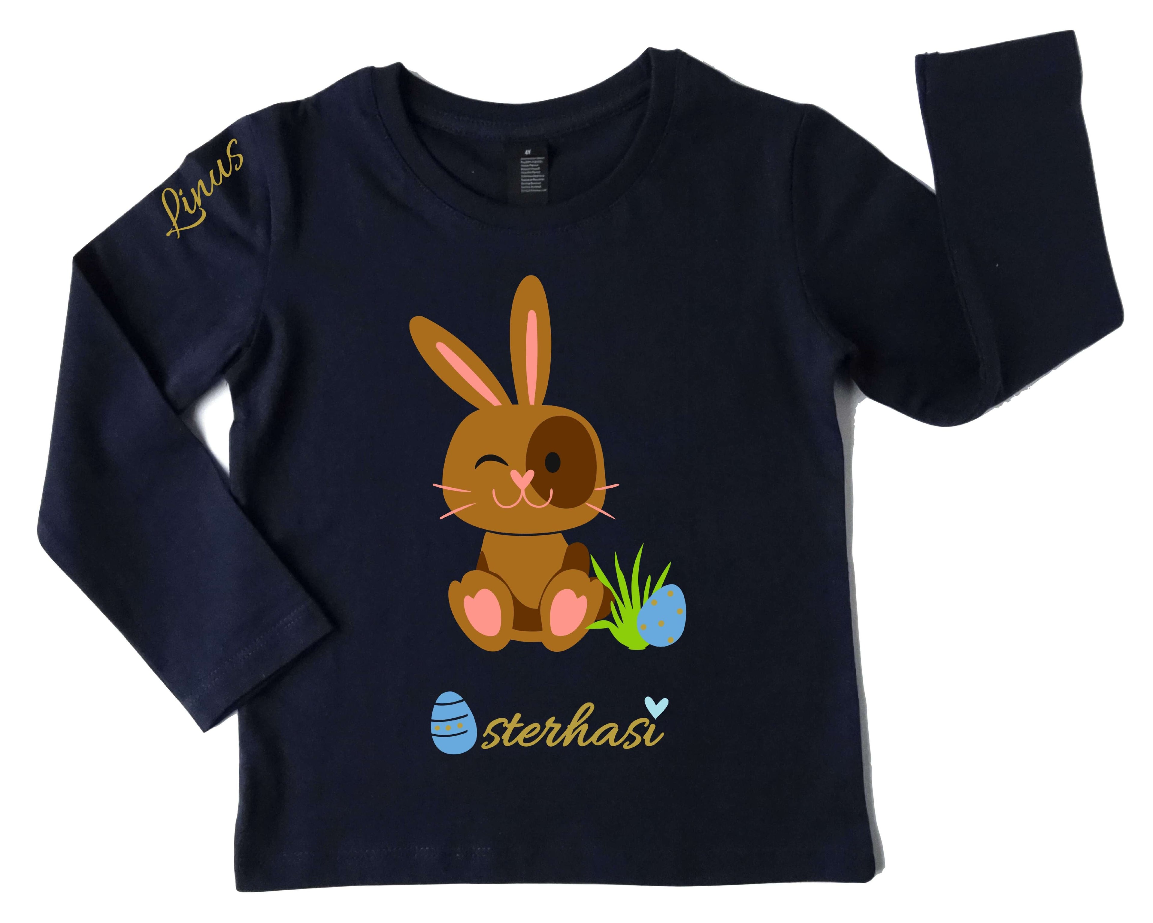 navi Kinder-Shirt mit Name und süßem Osterhase in hellbraun, mit Name und Druckknöpfen an der Schulter