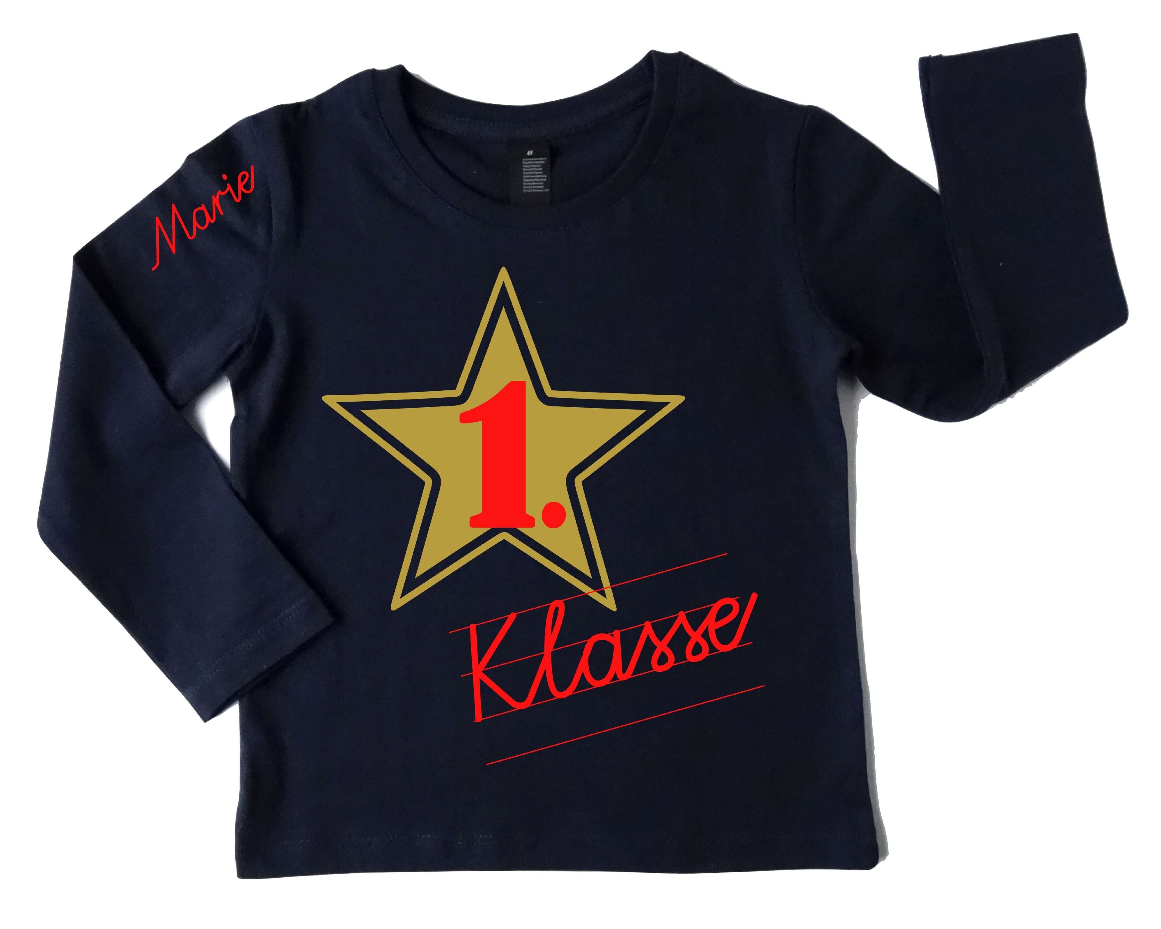 navi Shirt für Einschulung mit Name, goldenem Stern 1. Klasse in Schreibschrift in feuerrot