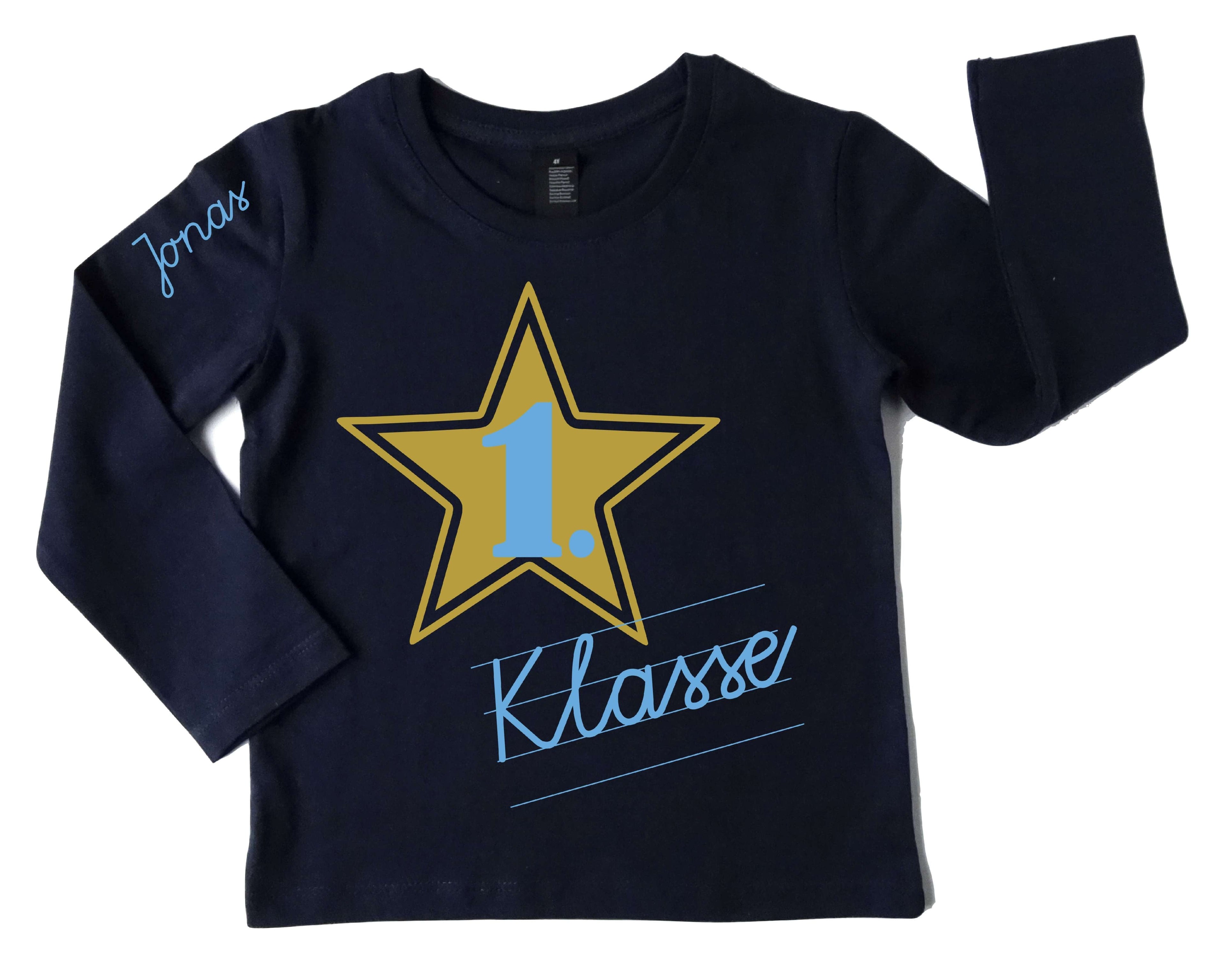 navi Einschulungsshirt mit goldenem Stern 1. Klasse in Schreibschrift in hellblau