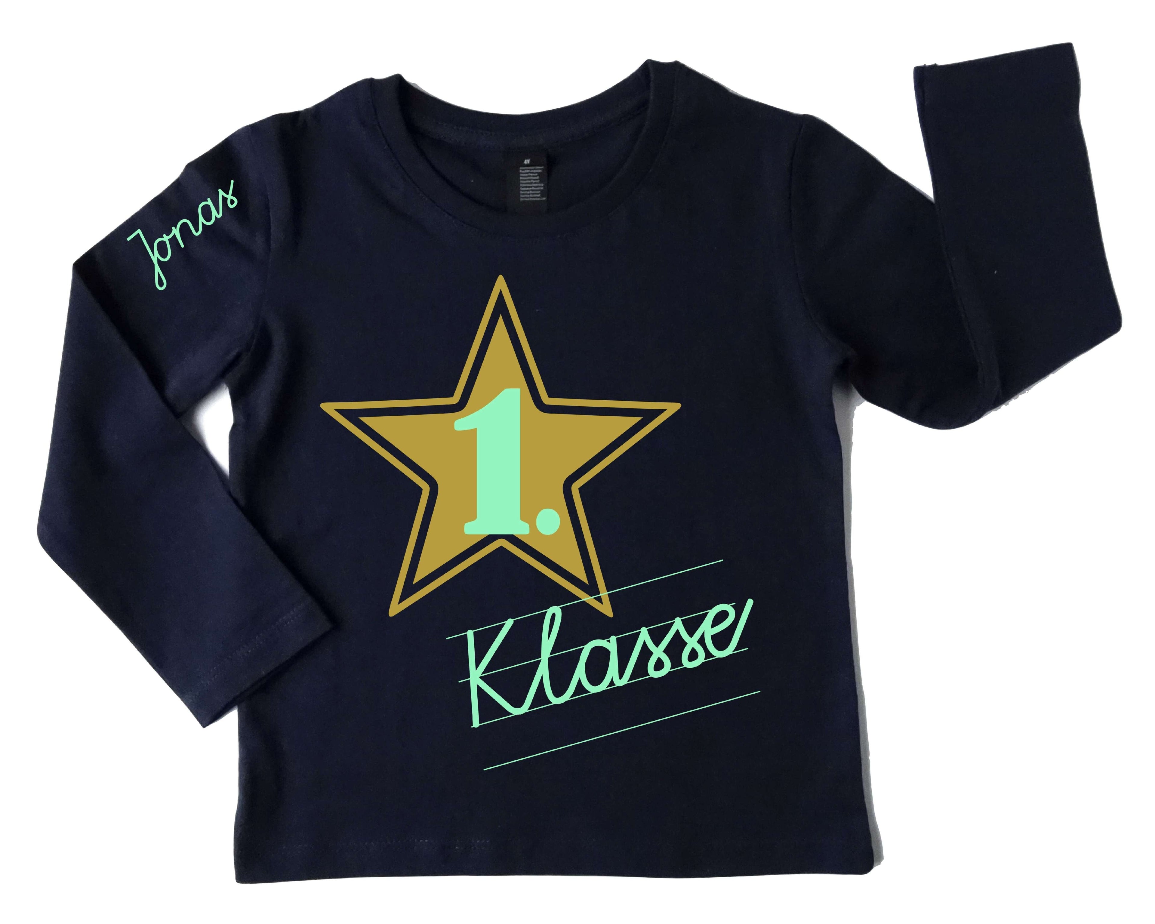 navi Einschulungsshirt mit goldenem Stern 1. Klasse in Schreibschrift in mint