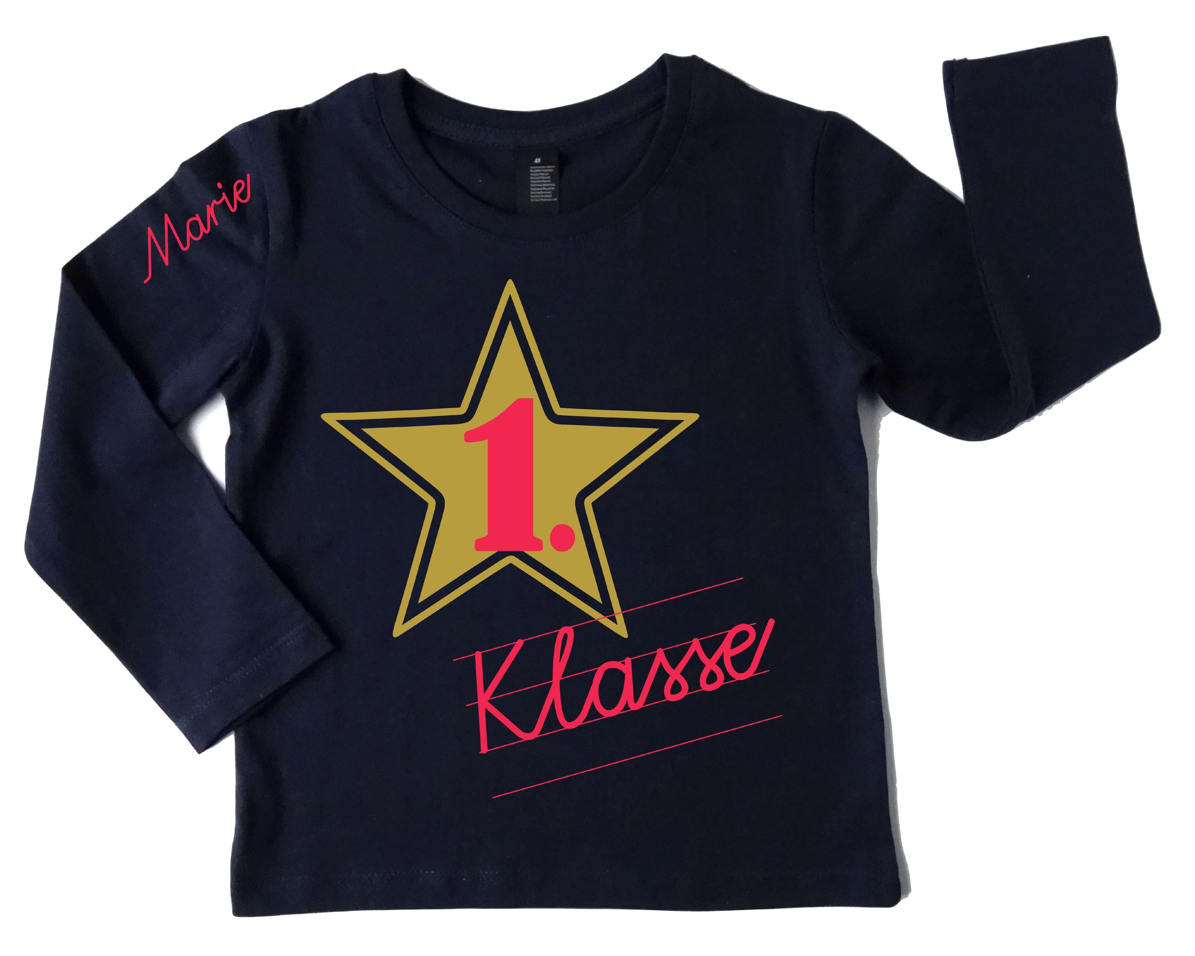 navi Shirt für Einschulung mit Name, goldenem Stern 1. Klasse in Schreibschrift in pink