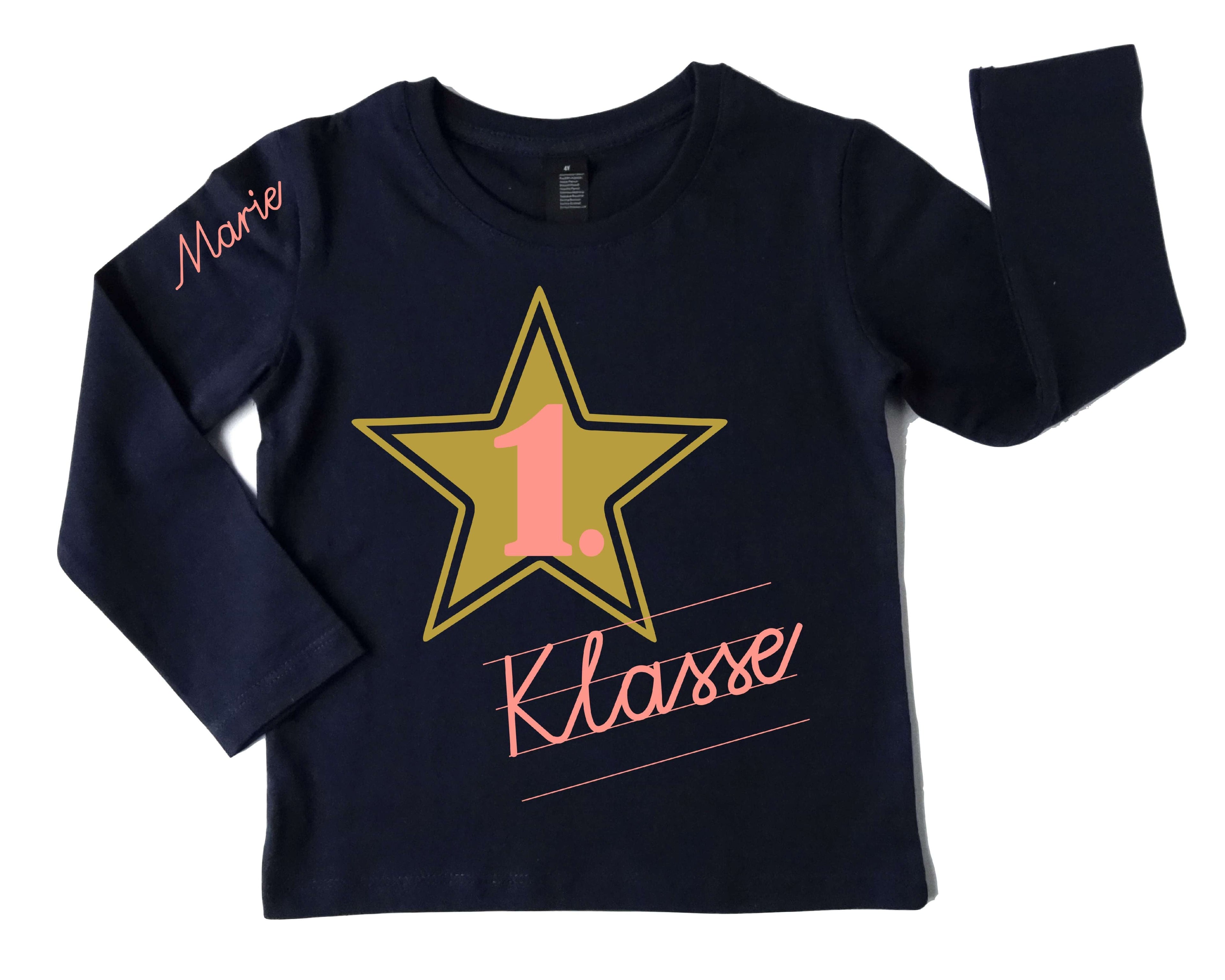 navi Shirt für Einschulung mit Name, goldenem Stern 1. Klasse in Schreibschrift in rosa