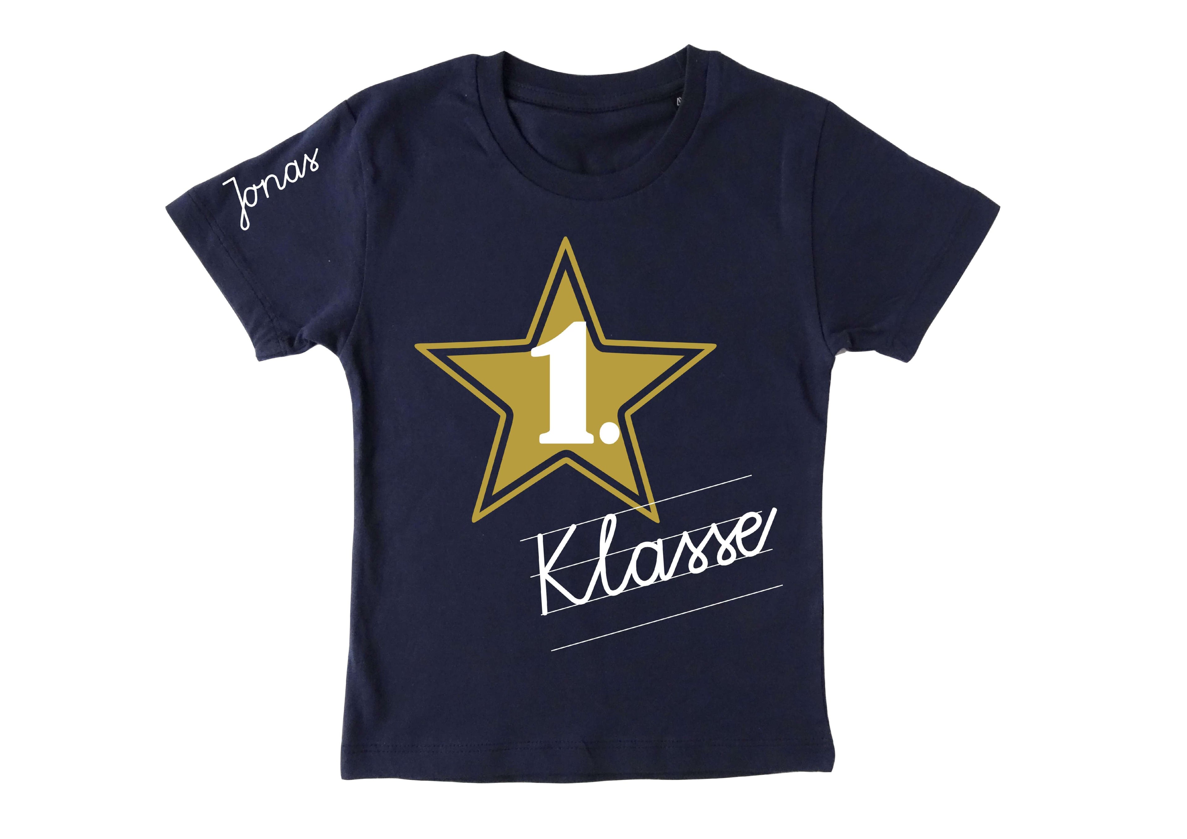 navi T-Shirt für Einschulung, bedruckt mit Schreibschrift 1. Klasse und Name in weiß und goldenem Stern