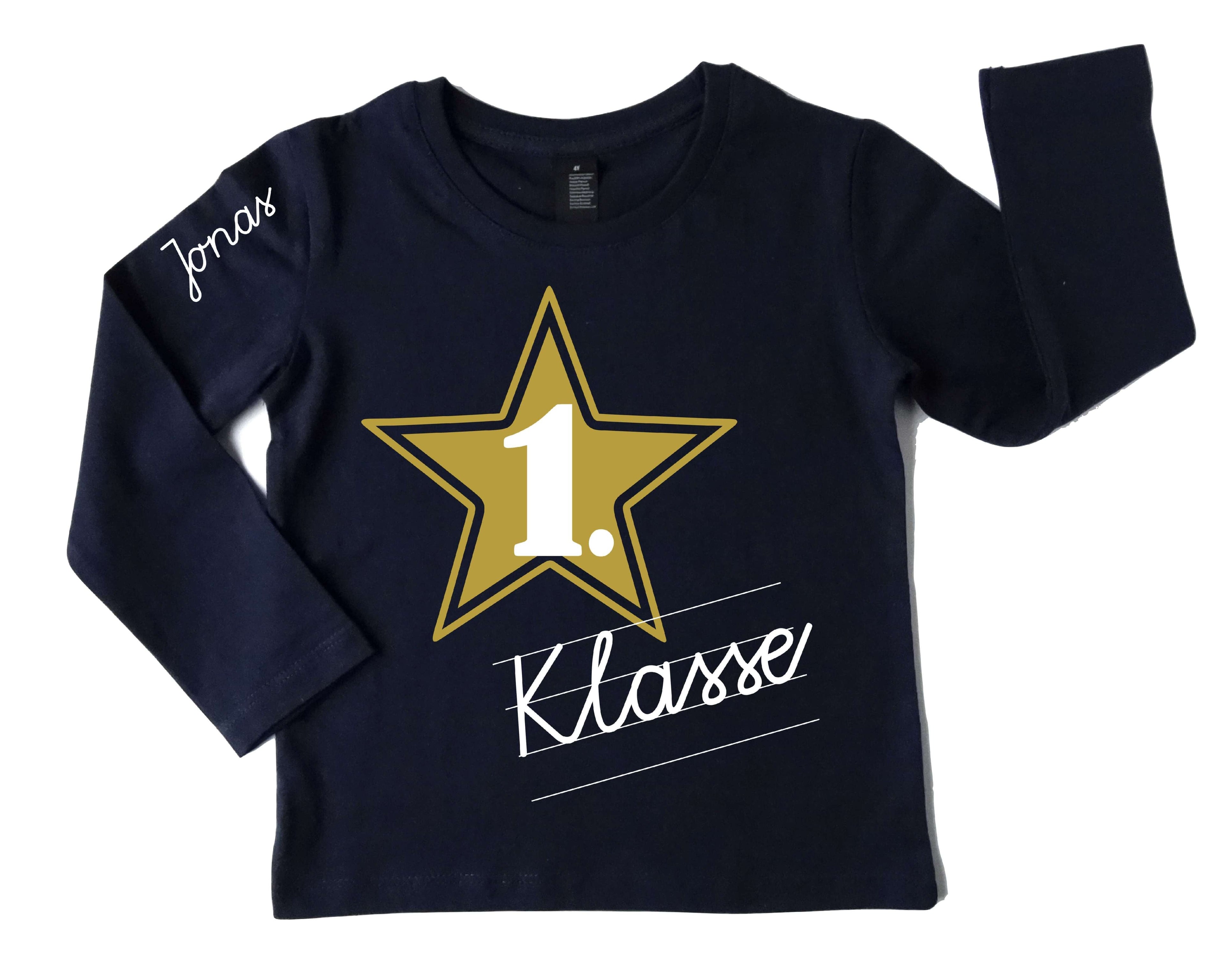 navi Einschulungsshirt mit goldenem Stern 1. Klasse in Schreibschrift in weiß