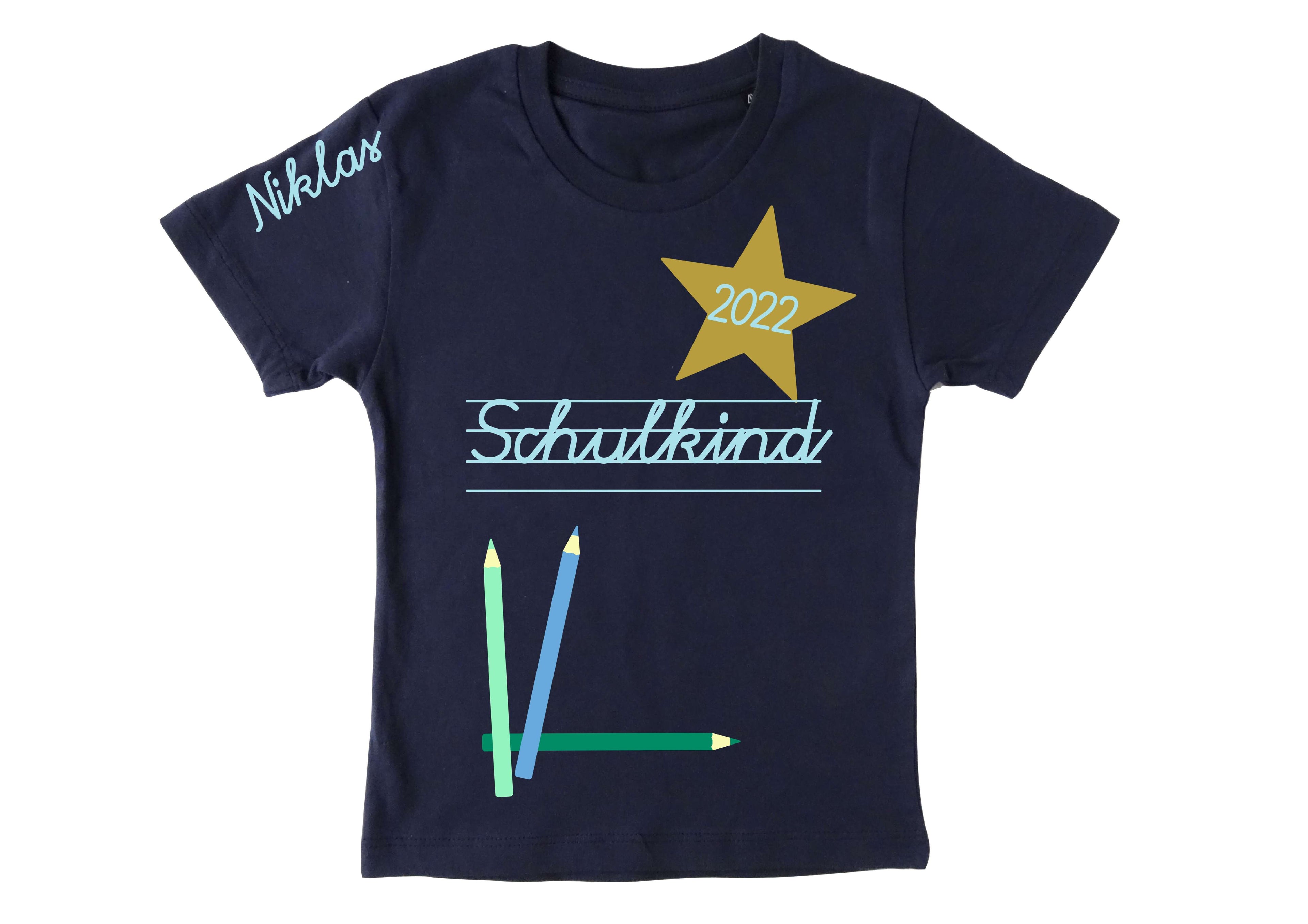 navi T-Shirt mit Name für Jungen und Mädchen Einschulung, Schulkind und Jahreszahl in Schreibschrift hellblau
