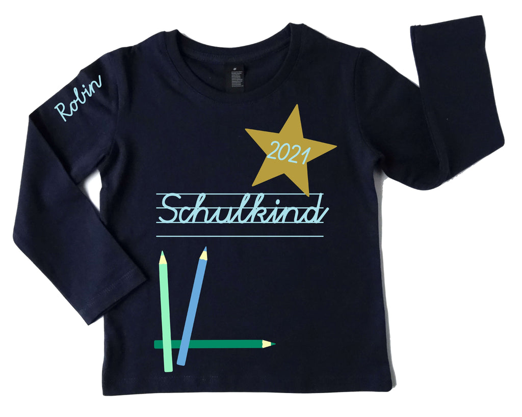 navi Shirt für Einschulung Schulkind mit Jahreszahl und Name in mint, mit gold metallic Effekt