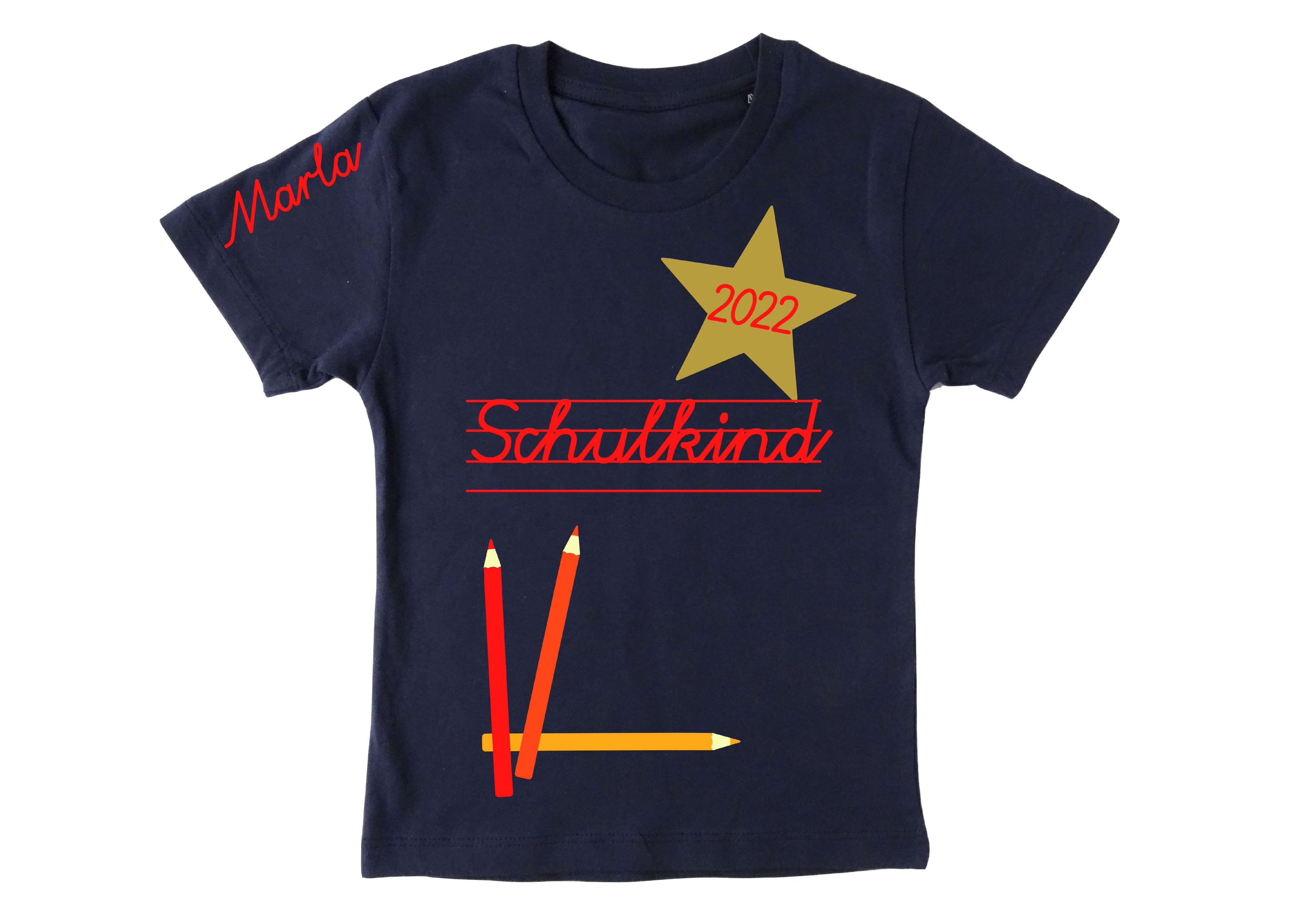 navi T-Shirt mit Name für Jungen und Mädchen Einschulung, Schulkind und Jahreszahl in Schreibschrift feuerrot