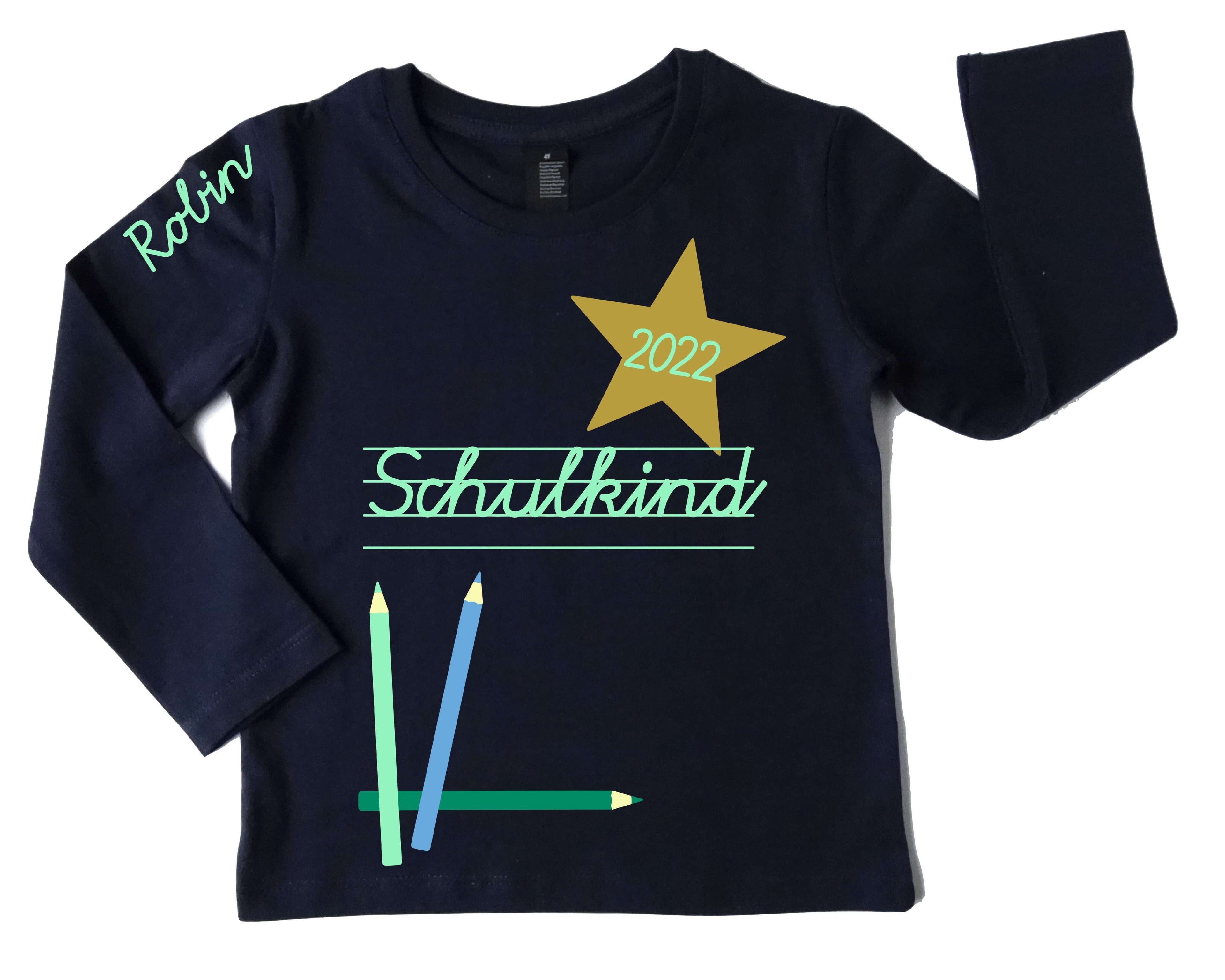 navi Shirt für Einschulung Schulkind mit Jahreszahl und Name in hellblau, mit gold metallic Effekt