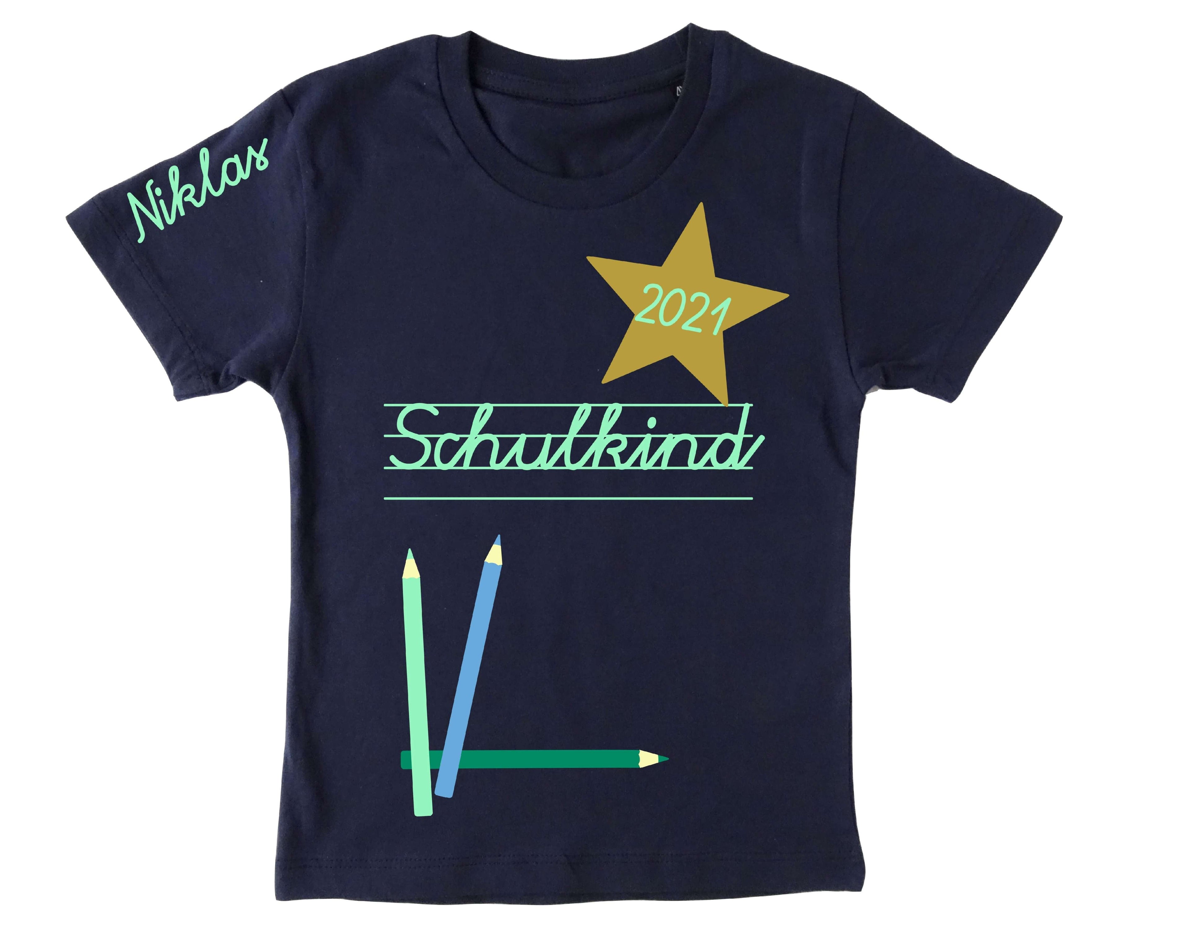 navi T-Shirt mit Name für Jungen und Mädchen Einschulung, Schulkind und Jahreszahl in Schreibschrift mint