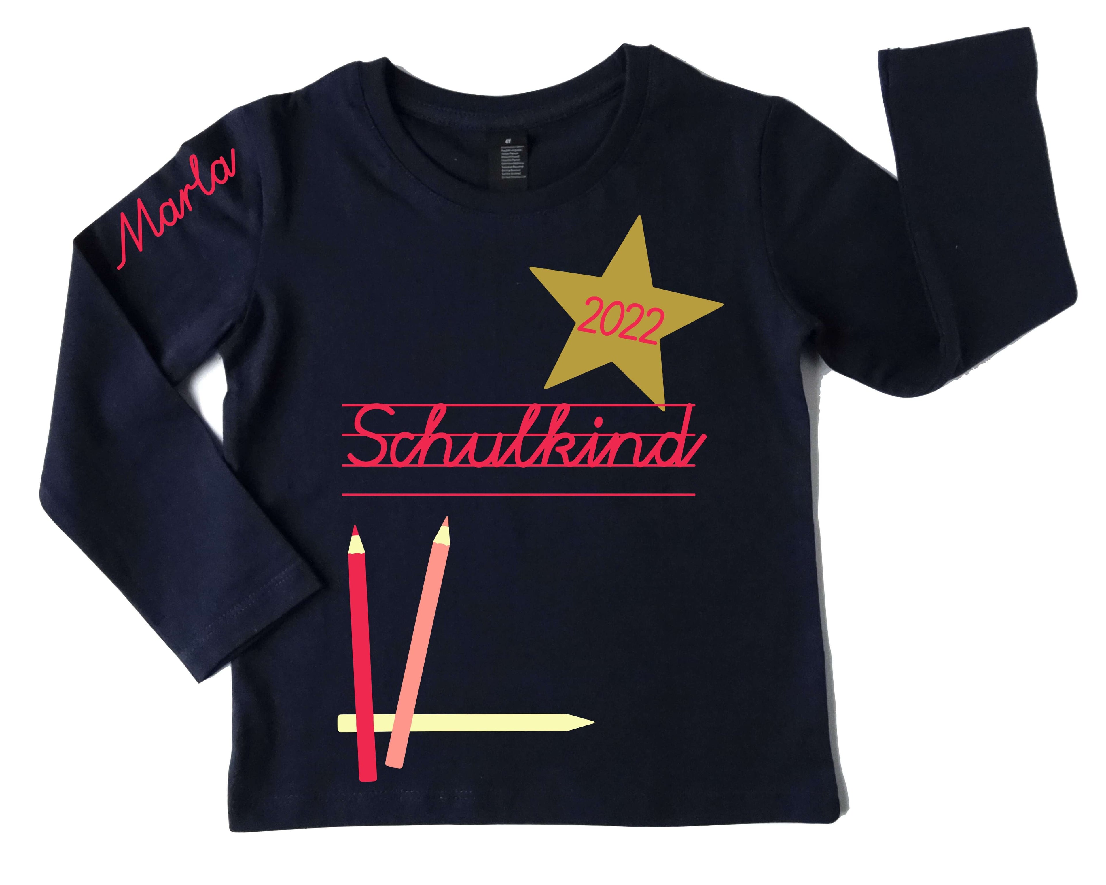 navi Shirt für Einschulung Schulkind mit Jahreszahl und Name in pink, mit gold metallic Effekt