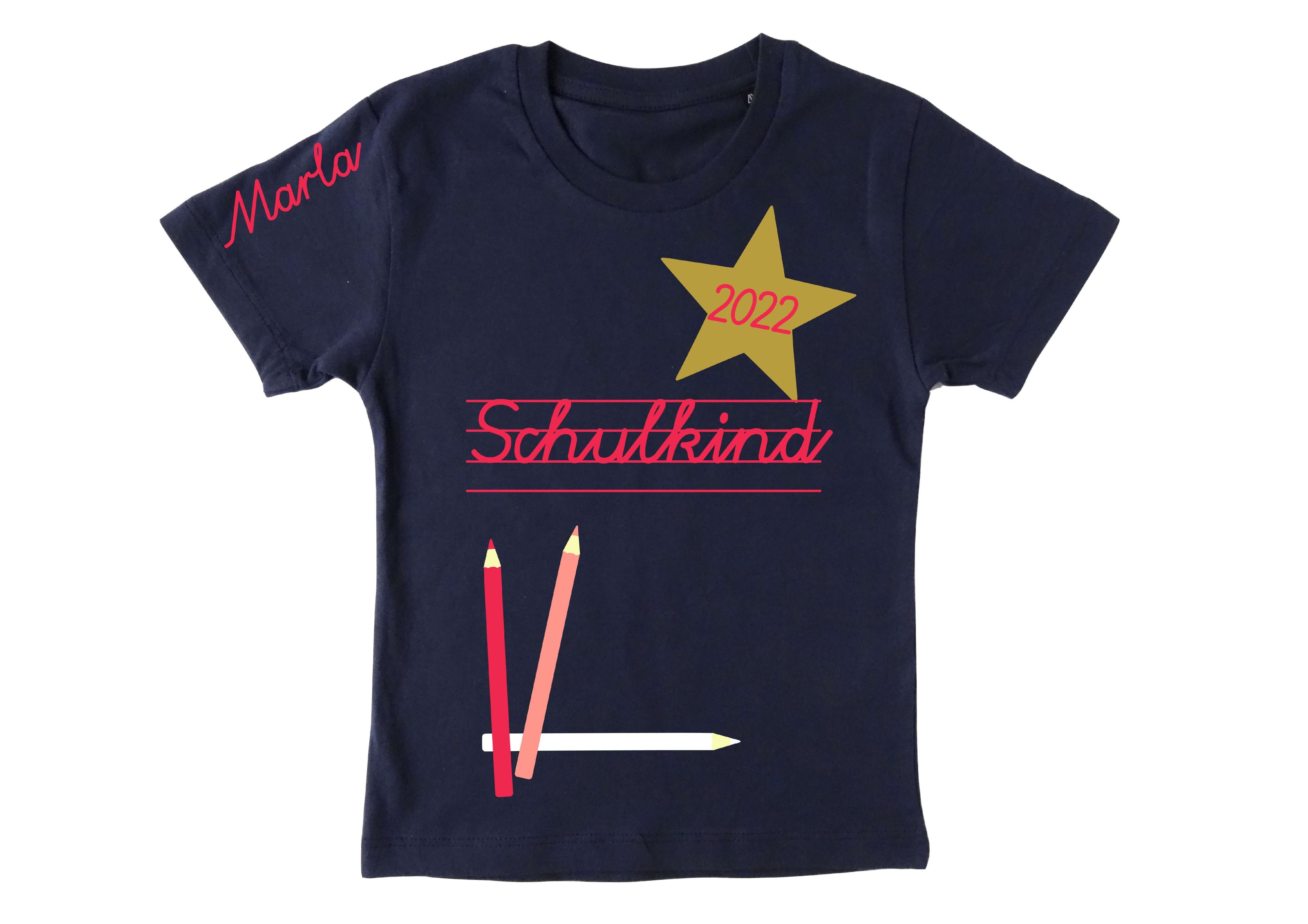 navi T-Shirt mit Name für Jungen und Mädchen Einschulung, Schulkind und Jahreszahl in Schreibschrift pink