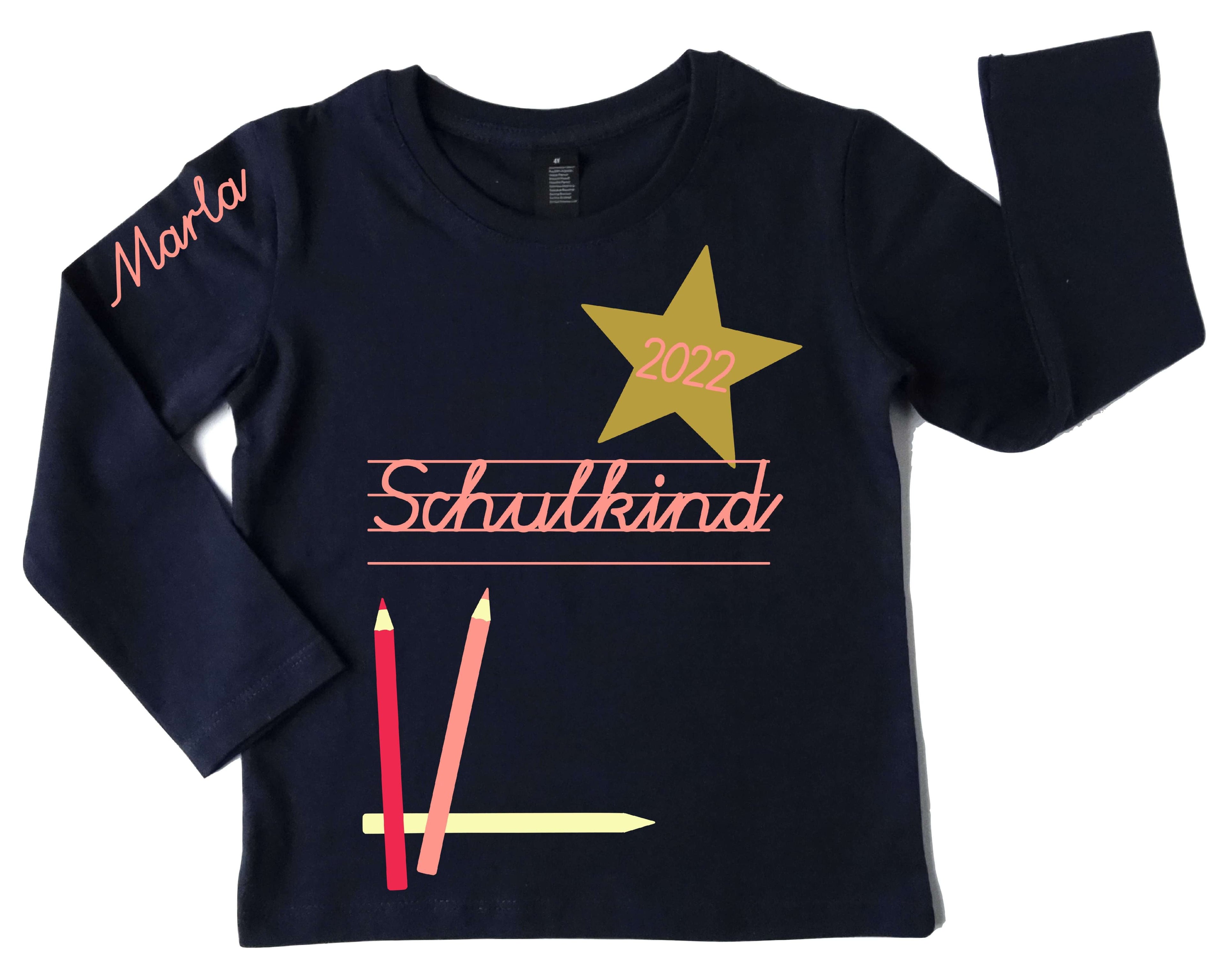 navi Shirt für Einschulung Schulkind mit Jahreszahl und Name in rosa, mit gold metallic Effekt
