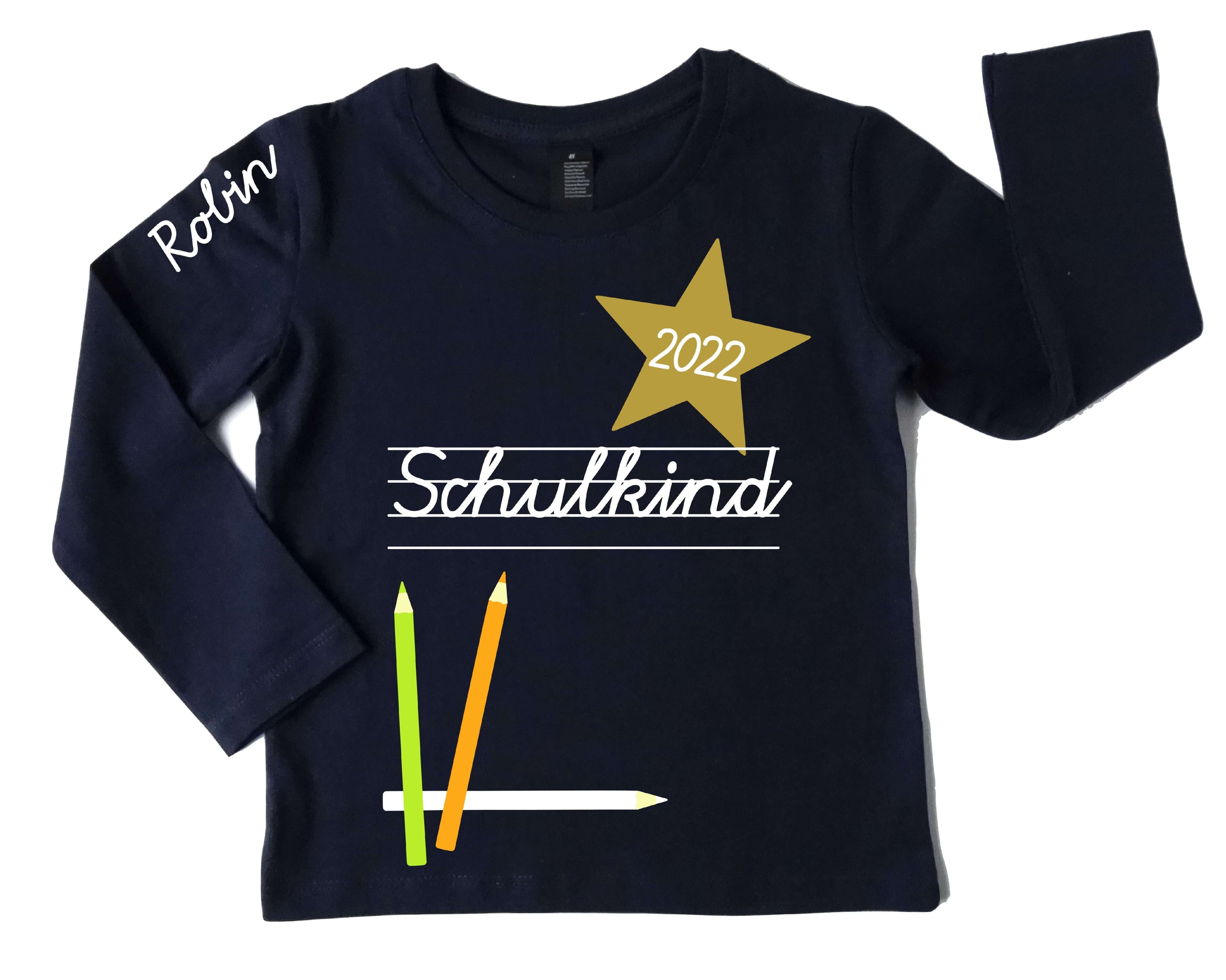 navi Shirt für Einschulung Schulkind mit Jahreszahl und Name in weiß, mit gold metallic Effekt