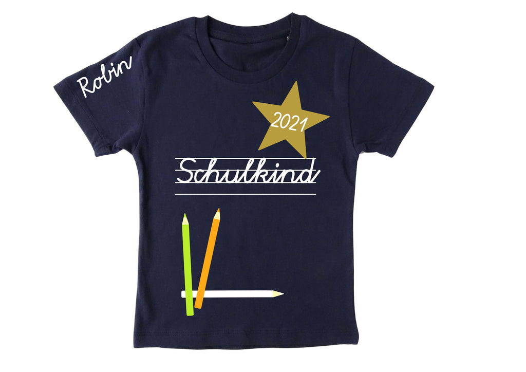 navi T-Shirt mit Name für Jungen und Mädchen Einschulung, Schulkind 2026 in Schreibschrift weiß