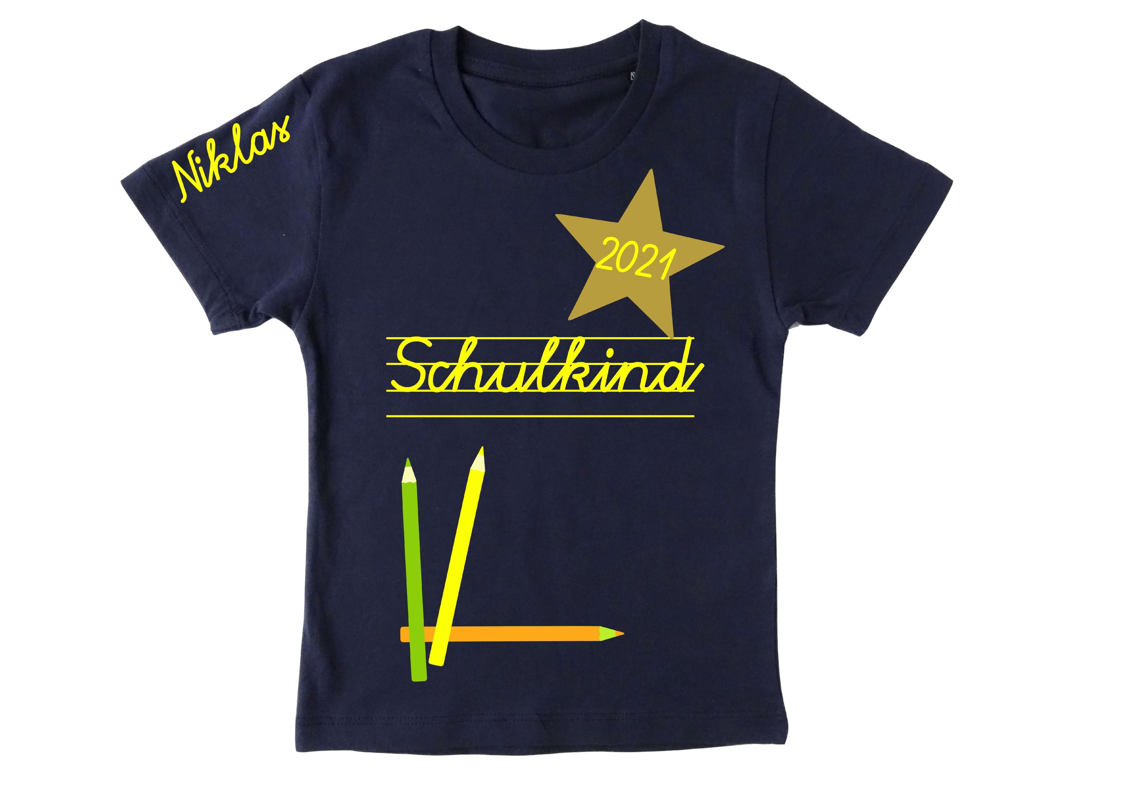 navi T-Shirt mit Name für Jungen und Mädchen Einschulung, Schulkind und Jahreszahl in Schreibschrift gelb
