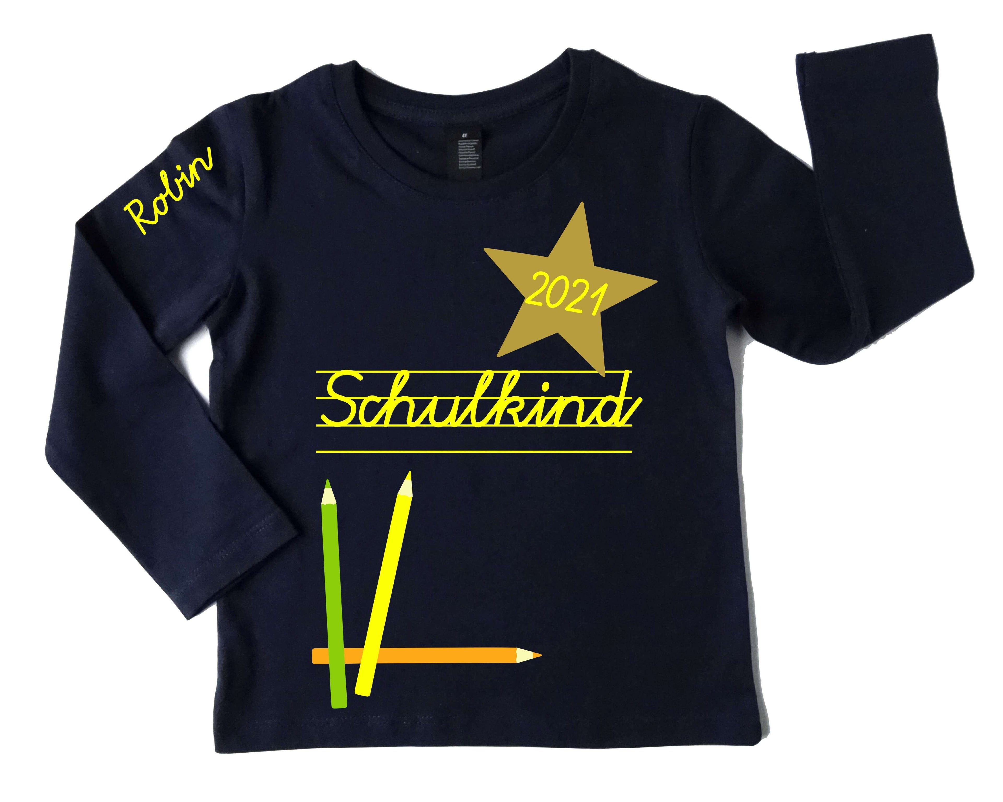 navi Shirt für Einschulung Schulkind mit Jahreszahl und Name in gelb, mit gold metallic Effekt
