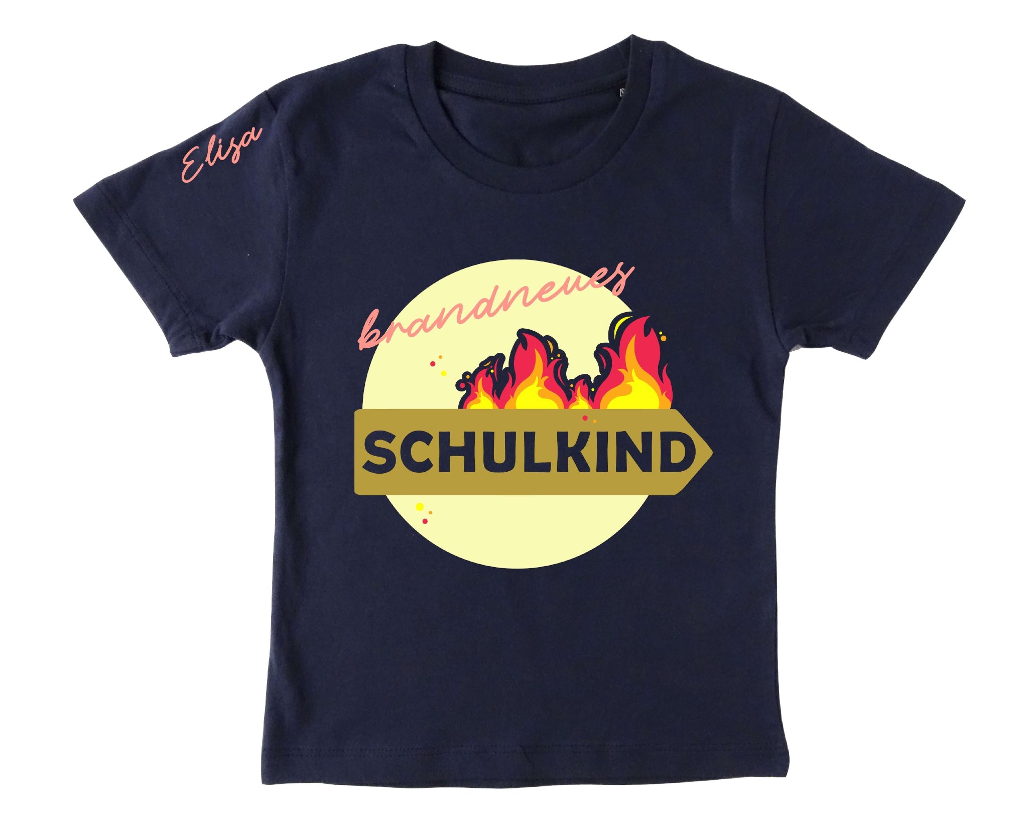navi farbenes Kinder-T-Shirt zur Einschulung, bedruckt mit brandneues Schulkind rosa-gold