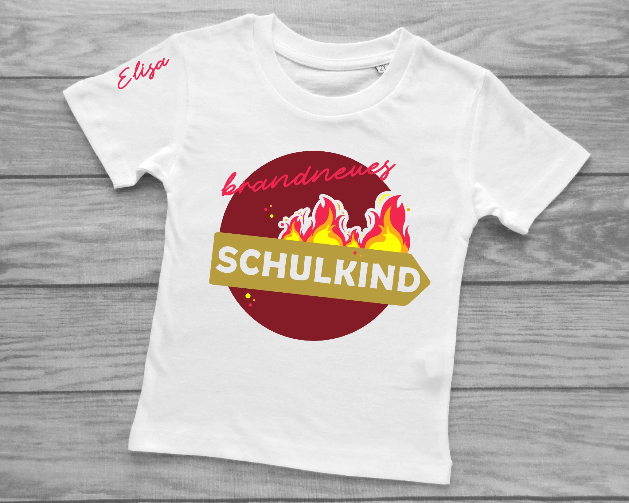 weißes Kinder-T-Shirt zur Einschulung bedruckt mit brandneues Schulkind