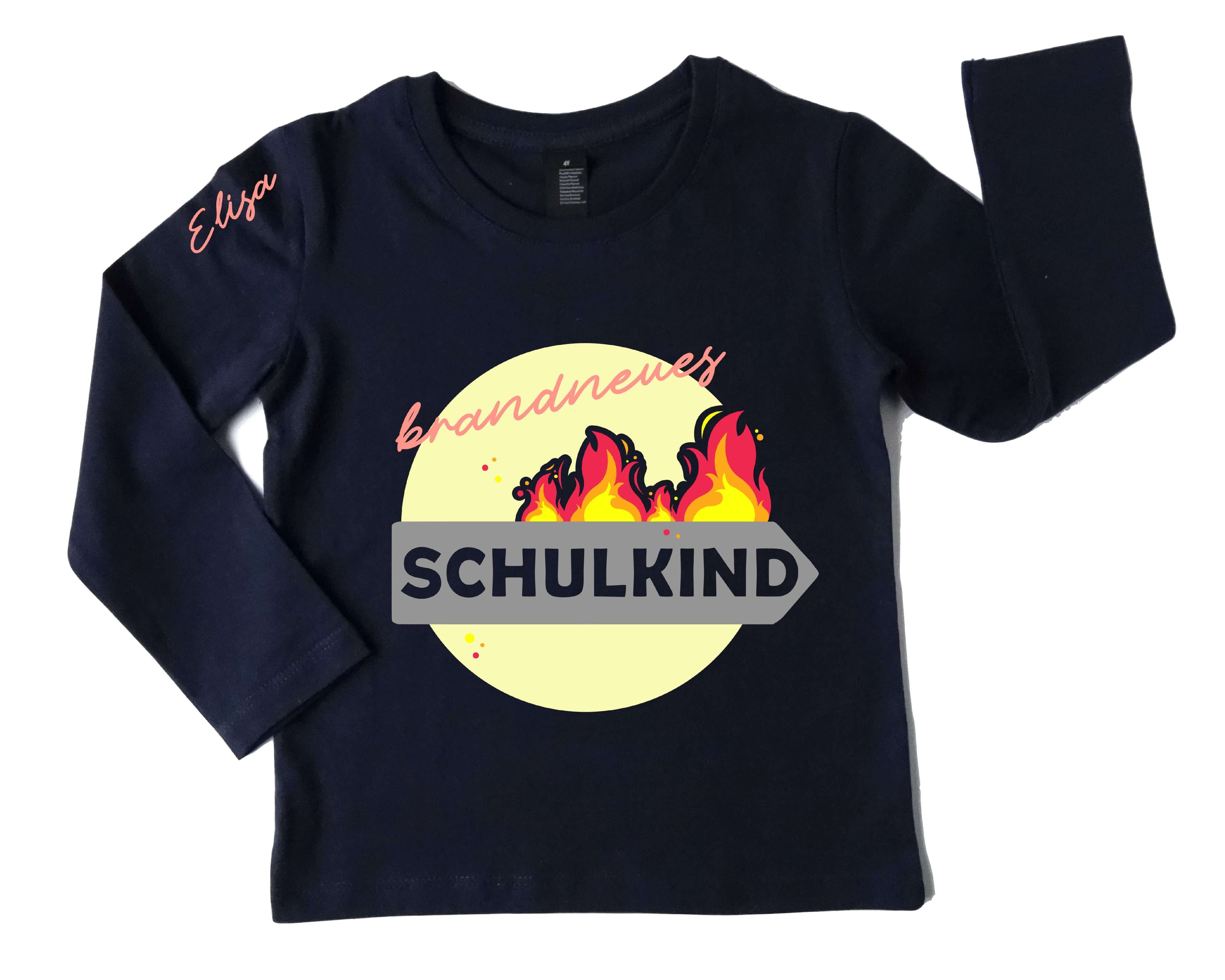 navi Langarm-Shirt für Einschulung brandneues Schulkind mit Feuer, rosa-silber Aufdruck