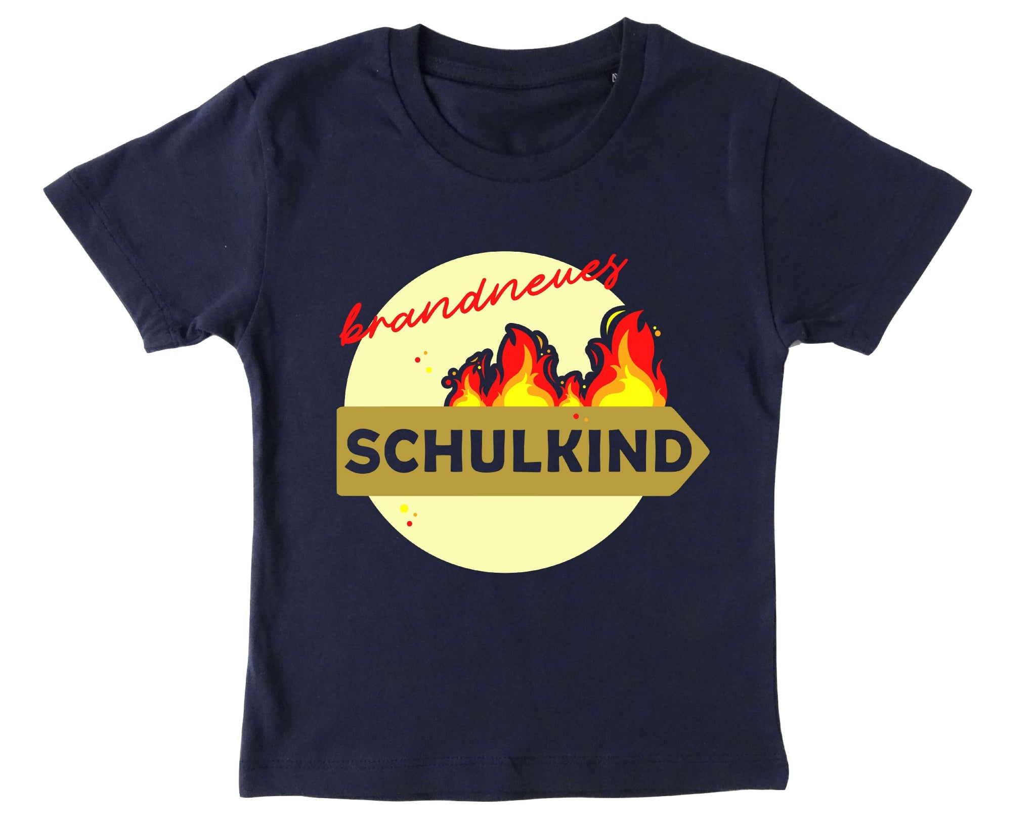navi farbenes Kinder-T-Shirt zur Einschulung bedruckt mit brandneues Schulkind beige-gold