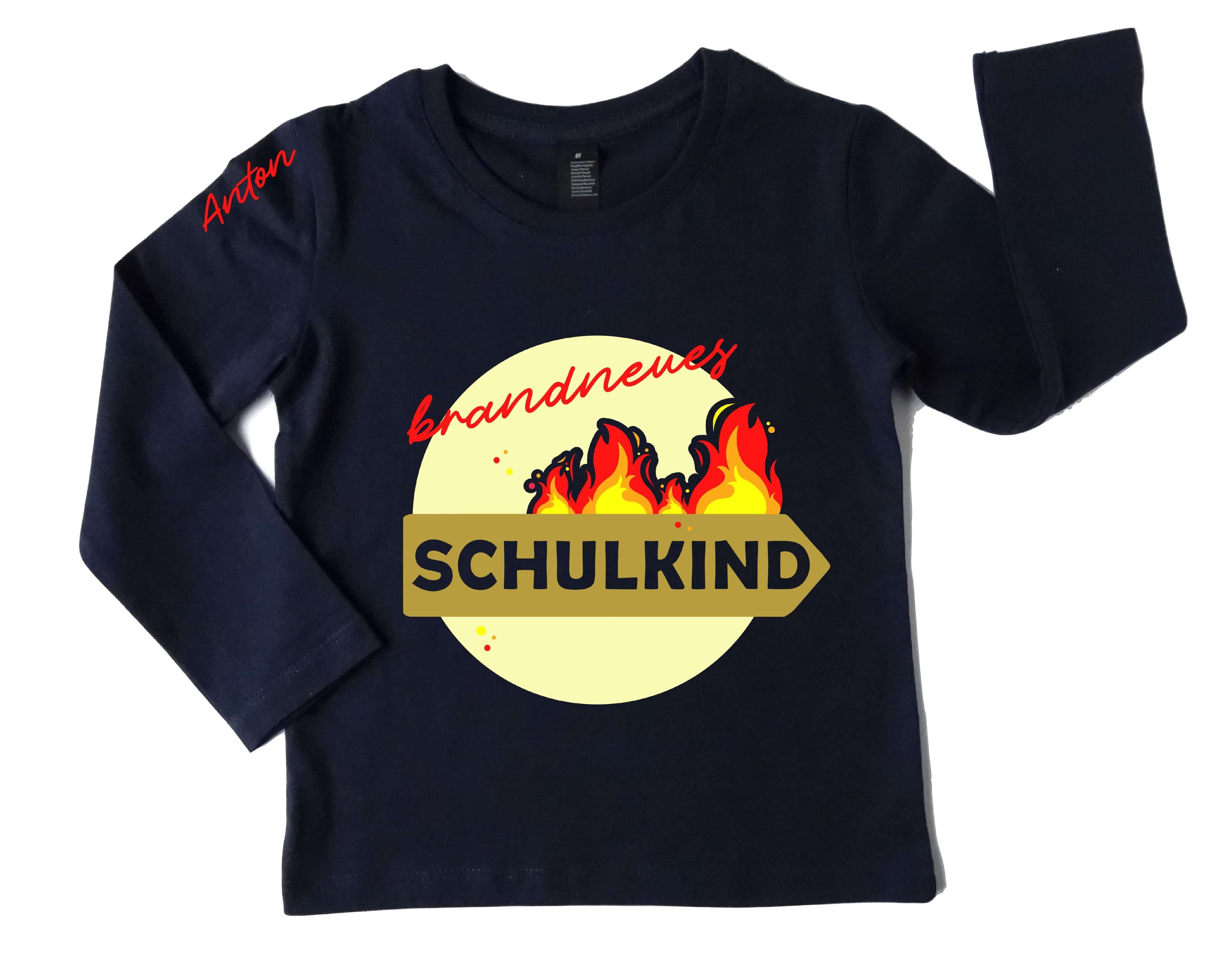 navi Langarm-Shirt für Einschulung brandneues Schulkind mit Feuer, feuerrot-gold Aufdruck