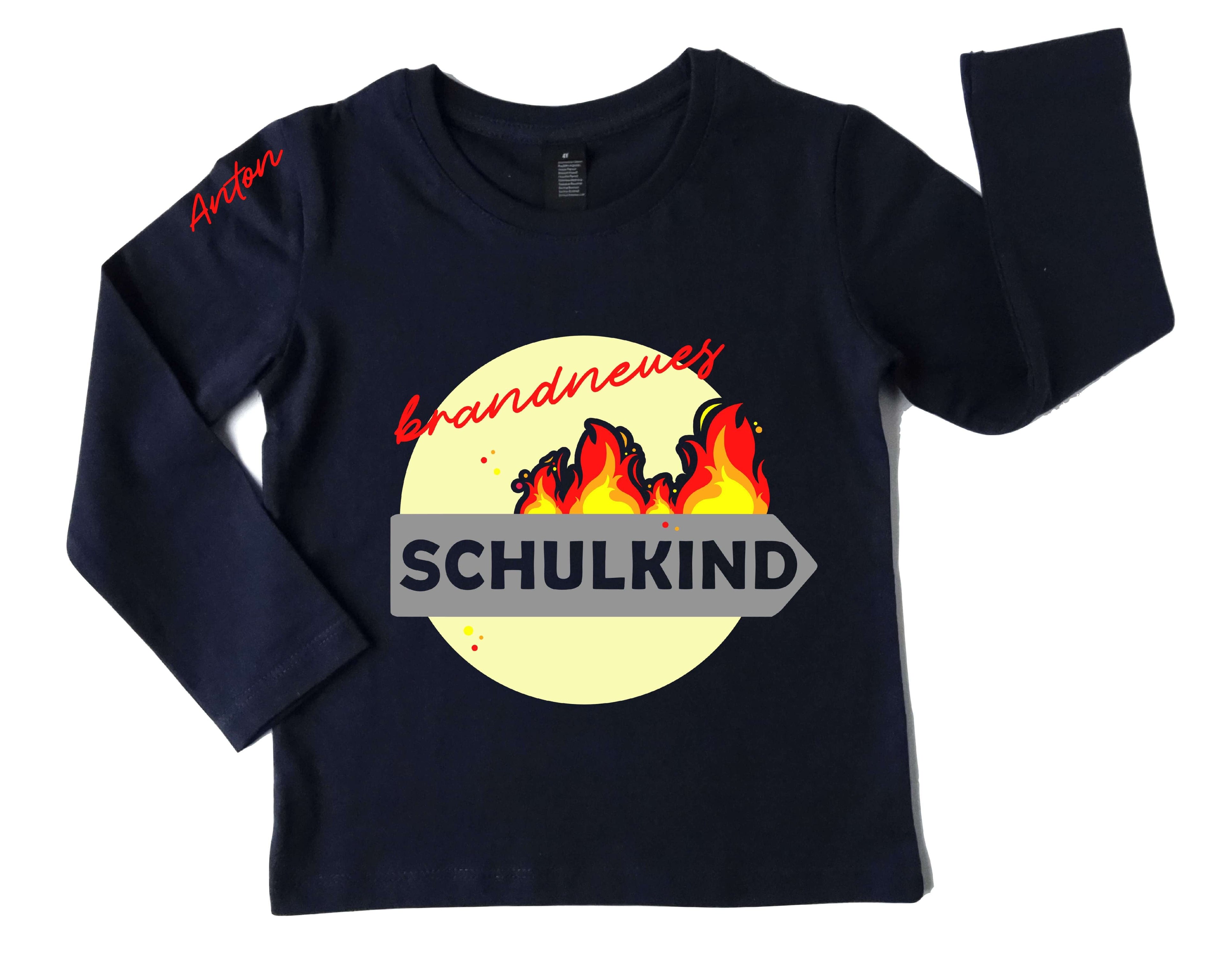 navi Langarm-Shirt mit Name für Einschulung brandneues Schulkind mit Feuer, feuerrot-silber Aufdruck