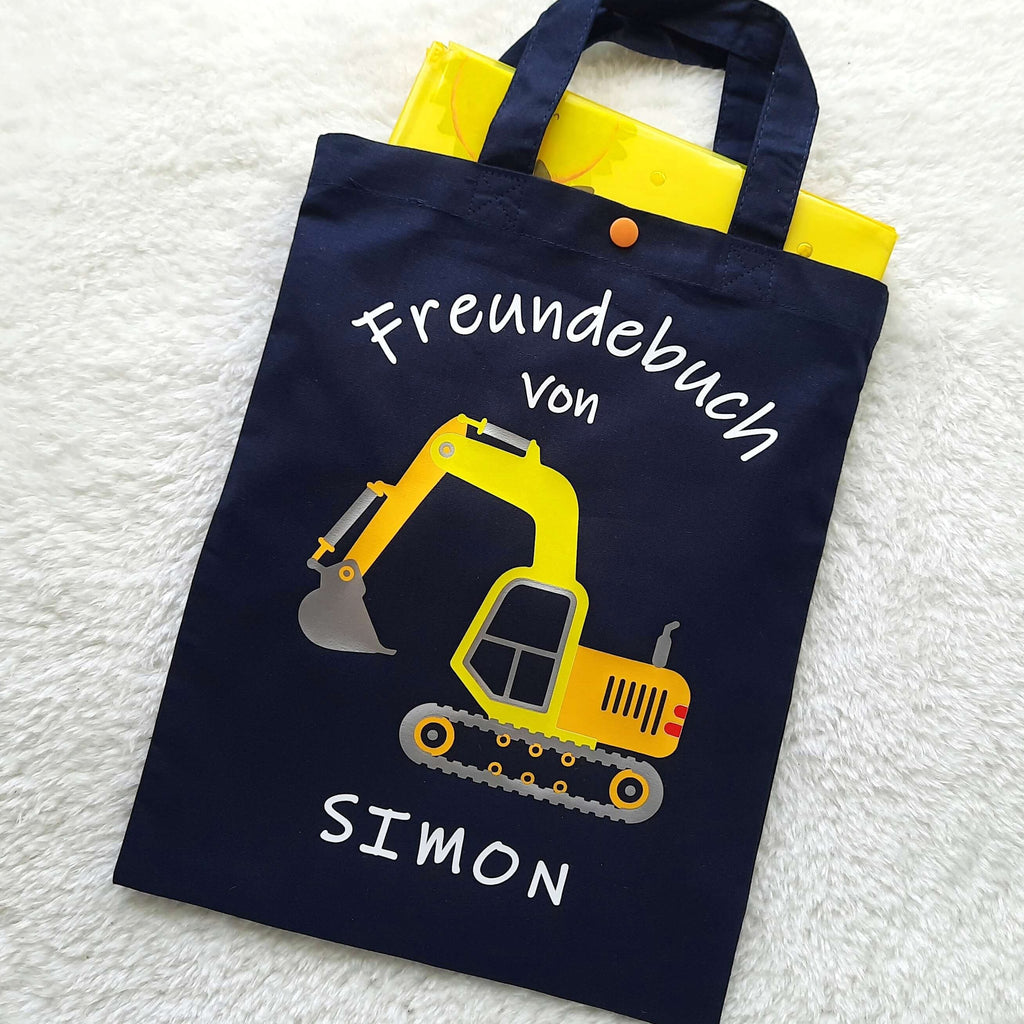 navi Freundebuchtasche für Kinder mit Bagger und Name bedruckt, aus Baumwolle mit Druckknopf