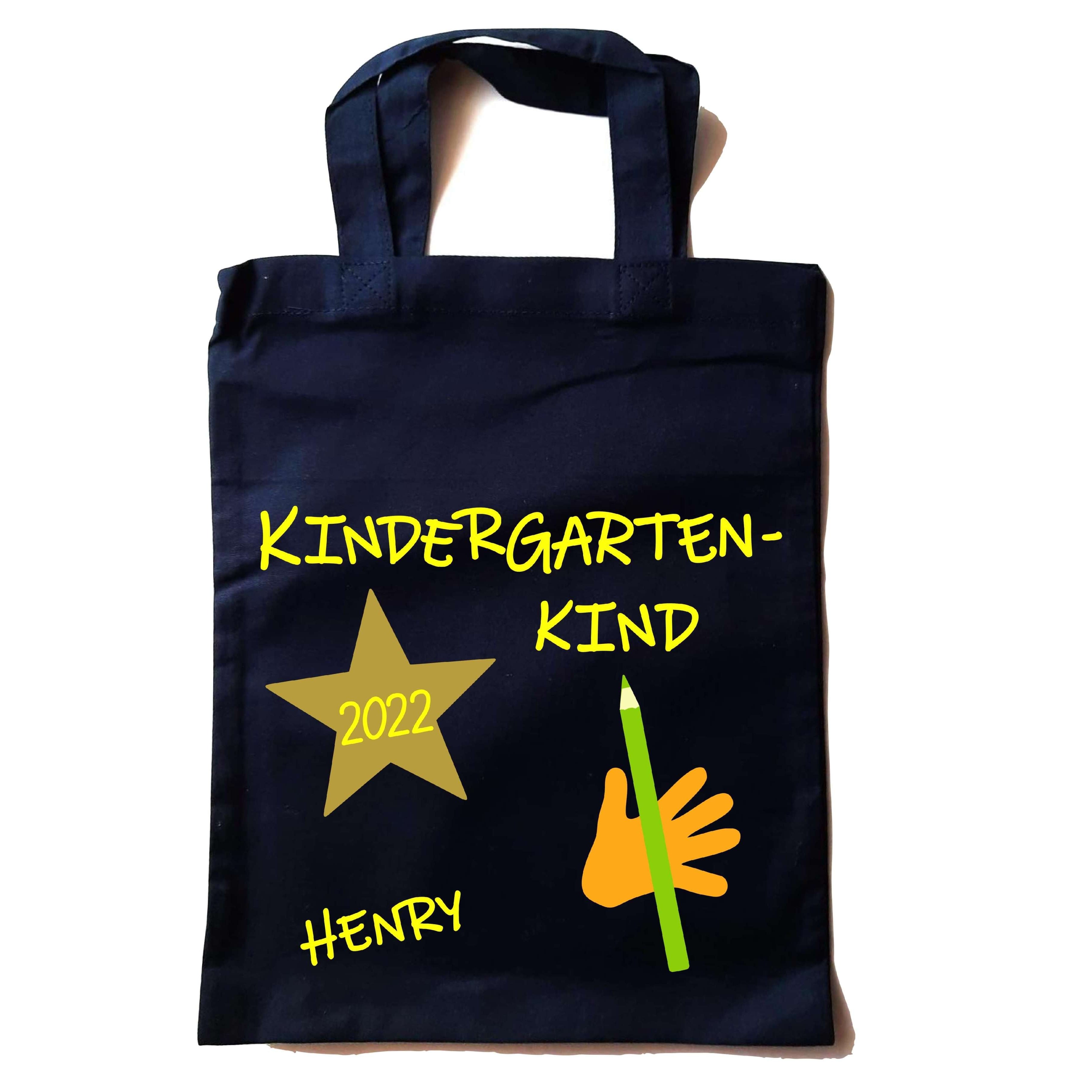 kleine navi farbene Tasche in Apotheker-Größe bedruckt mit Kindergartenkind und Name in gelb für KITA-Anfang 