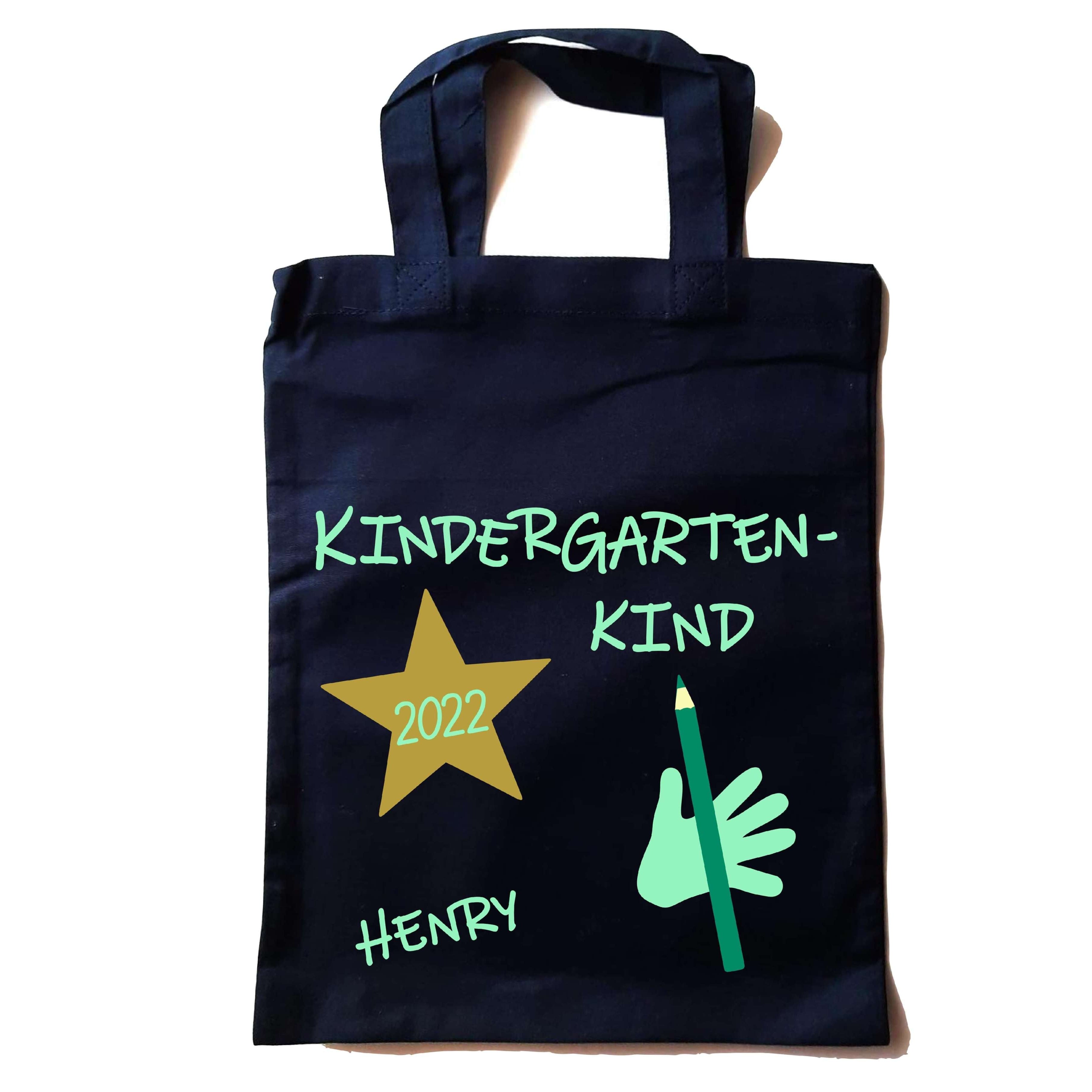 kleine navi farbene Tasche in Apotheker-Größe bedruckt mit Kindergartenkind und Name in mint für KITA-Anfang 