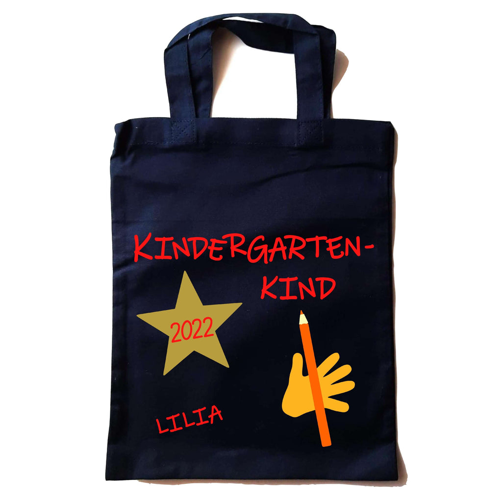 kleine navi farbene Tasche in Apotheker-Größe bedruckt mit Kindergartenkind und Name in rot für KITA-Anfang 