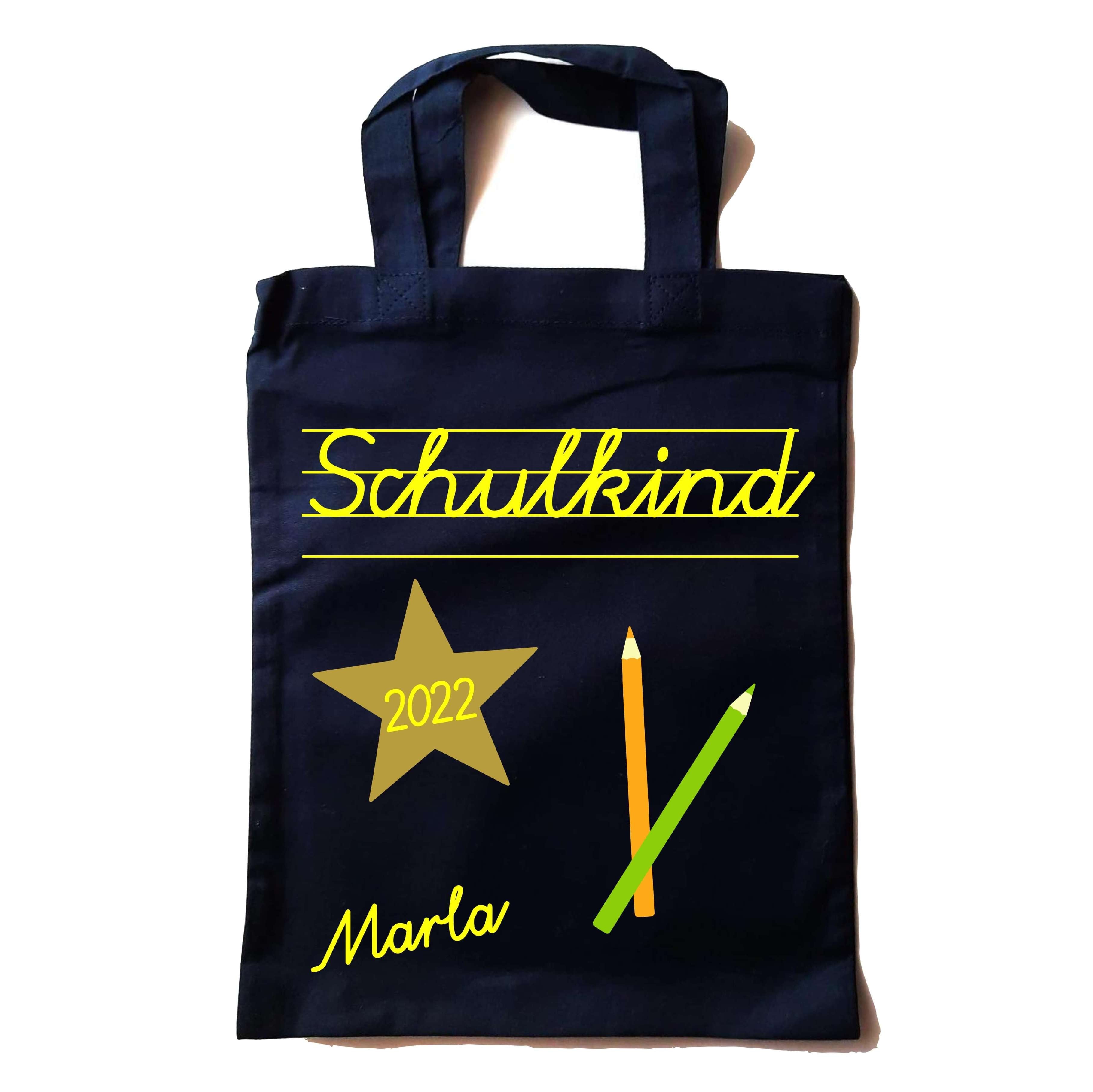kleine navi farbene Tasche in Apotheker-Größe bedruckt mit Schulkind und Name in gelb