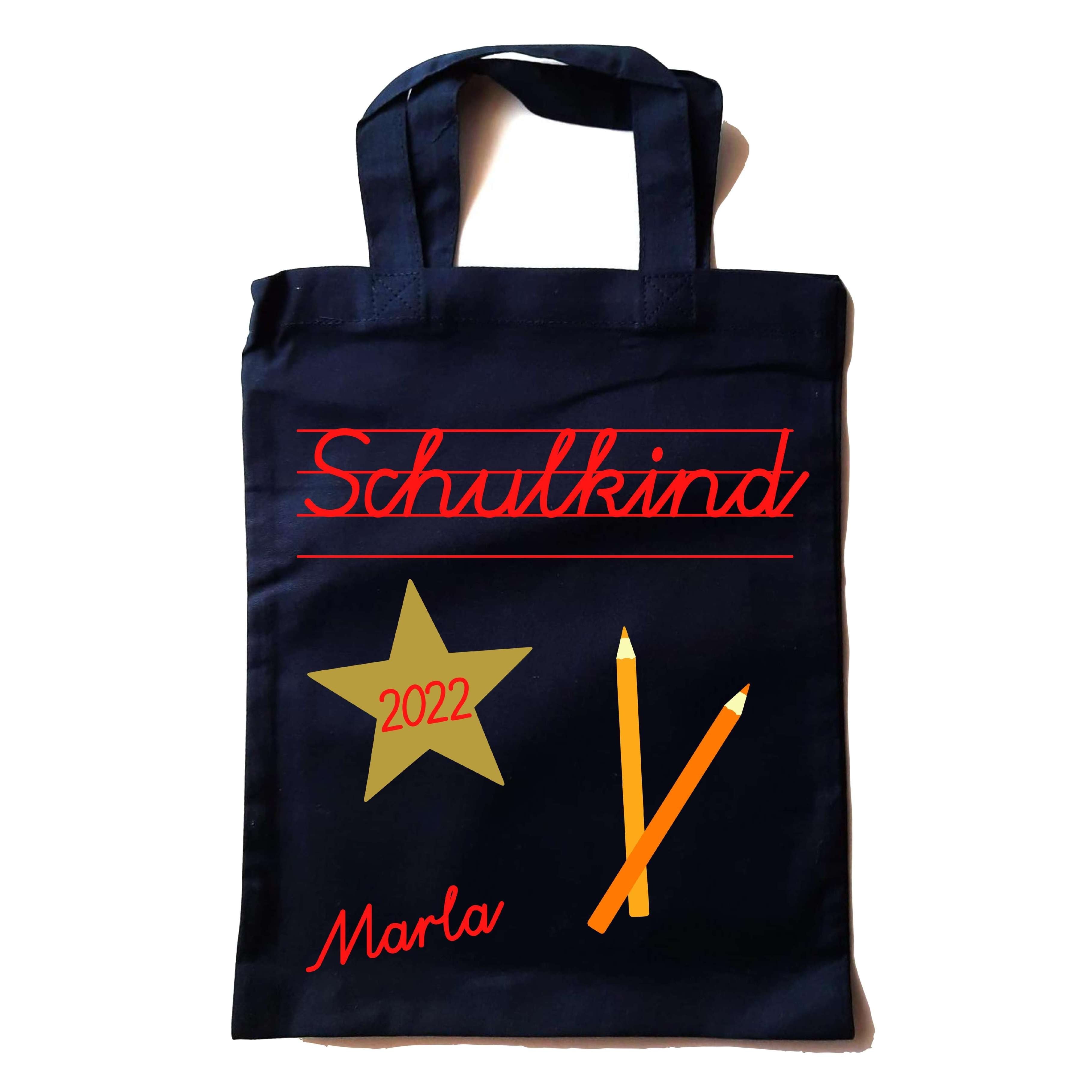 kleine navi farbene Tasche in Apotheker-Größe bedruckt mit Schulkind in Schreibschrift und Name in rot