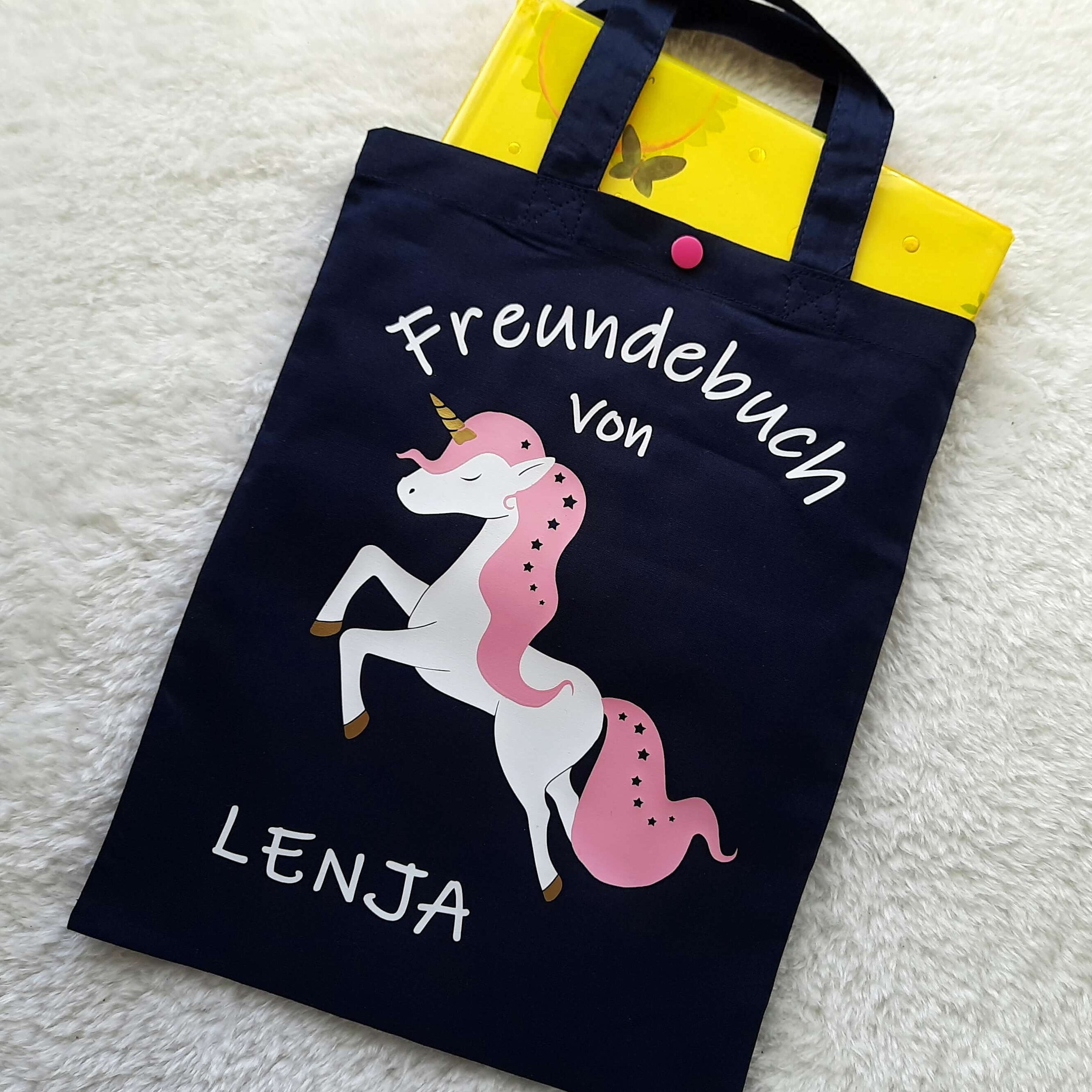 Freundebuchtasche für Kinder mit Einhorn und Name bedruckt, aus Baumwolle mit Druckknopf