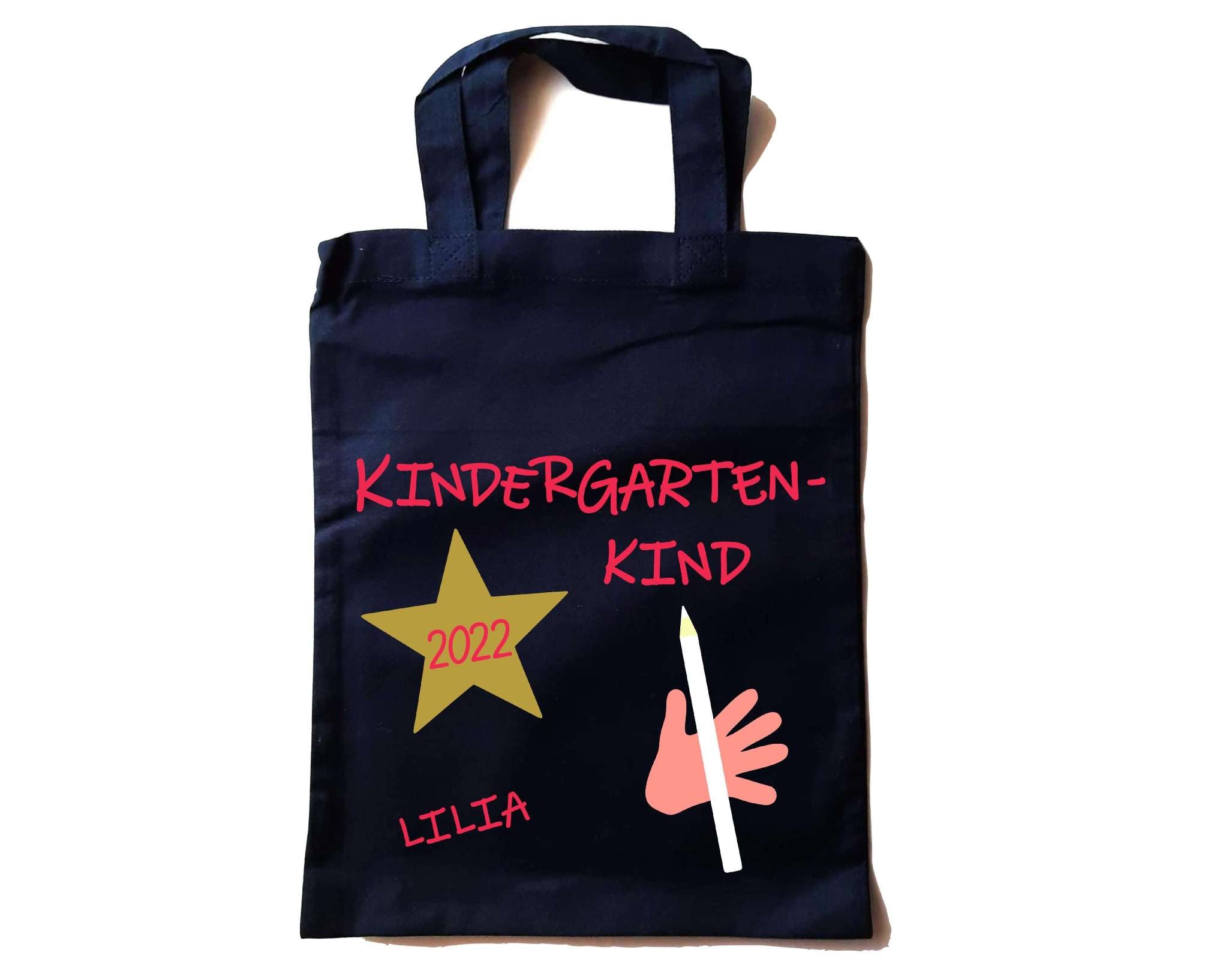 kleine navi farbene Tasche in Apotheker-Größe bedruckt mit Kindergartenkind und Name in pink für KITA-Anfang 