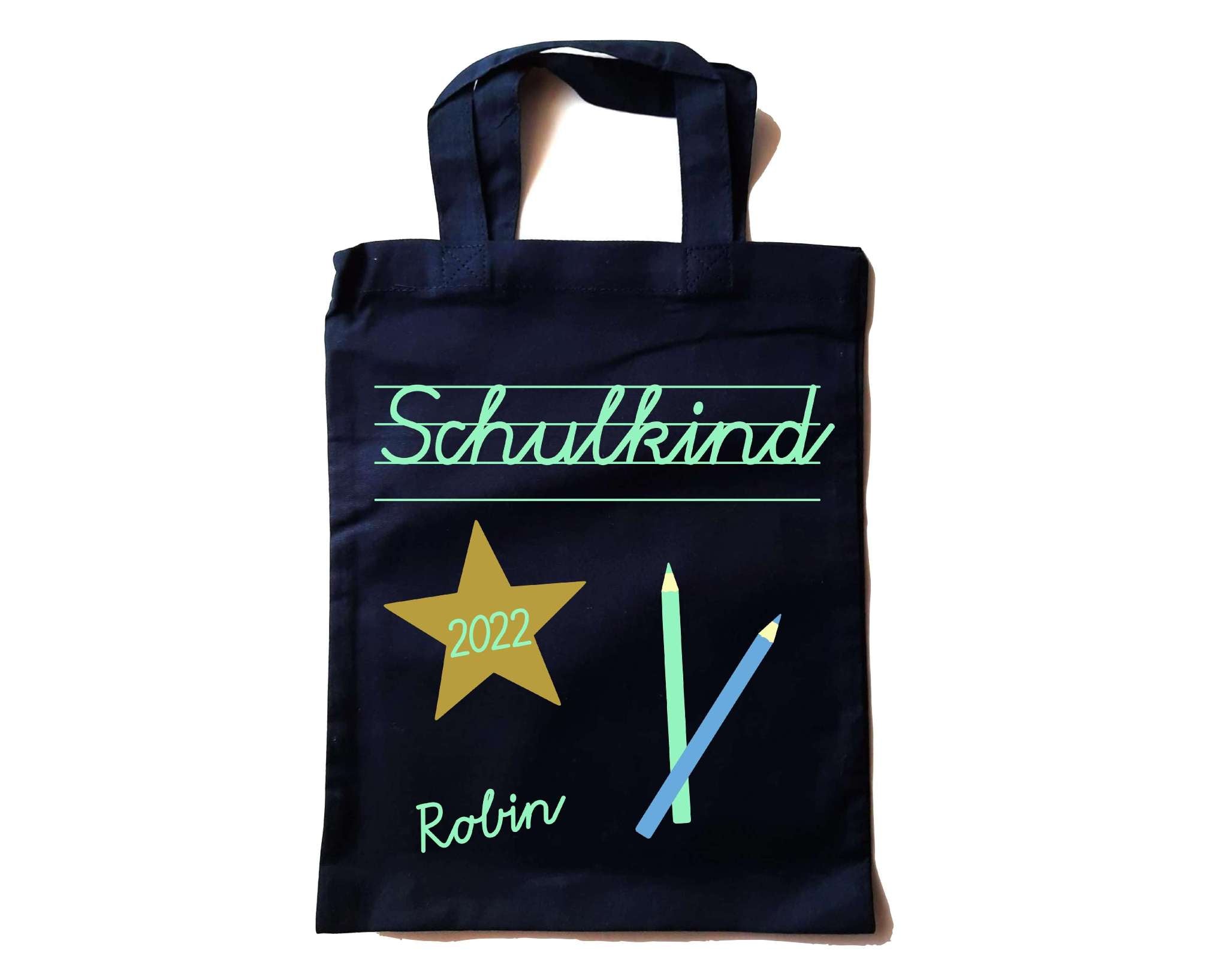 kleine navi farbene Tasche in Apotheker-Größe bedruckt mit Schulkind in Schreibschrift und Name in mint